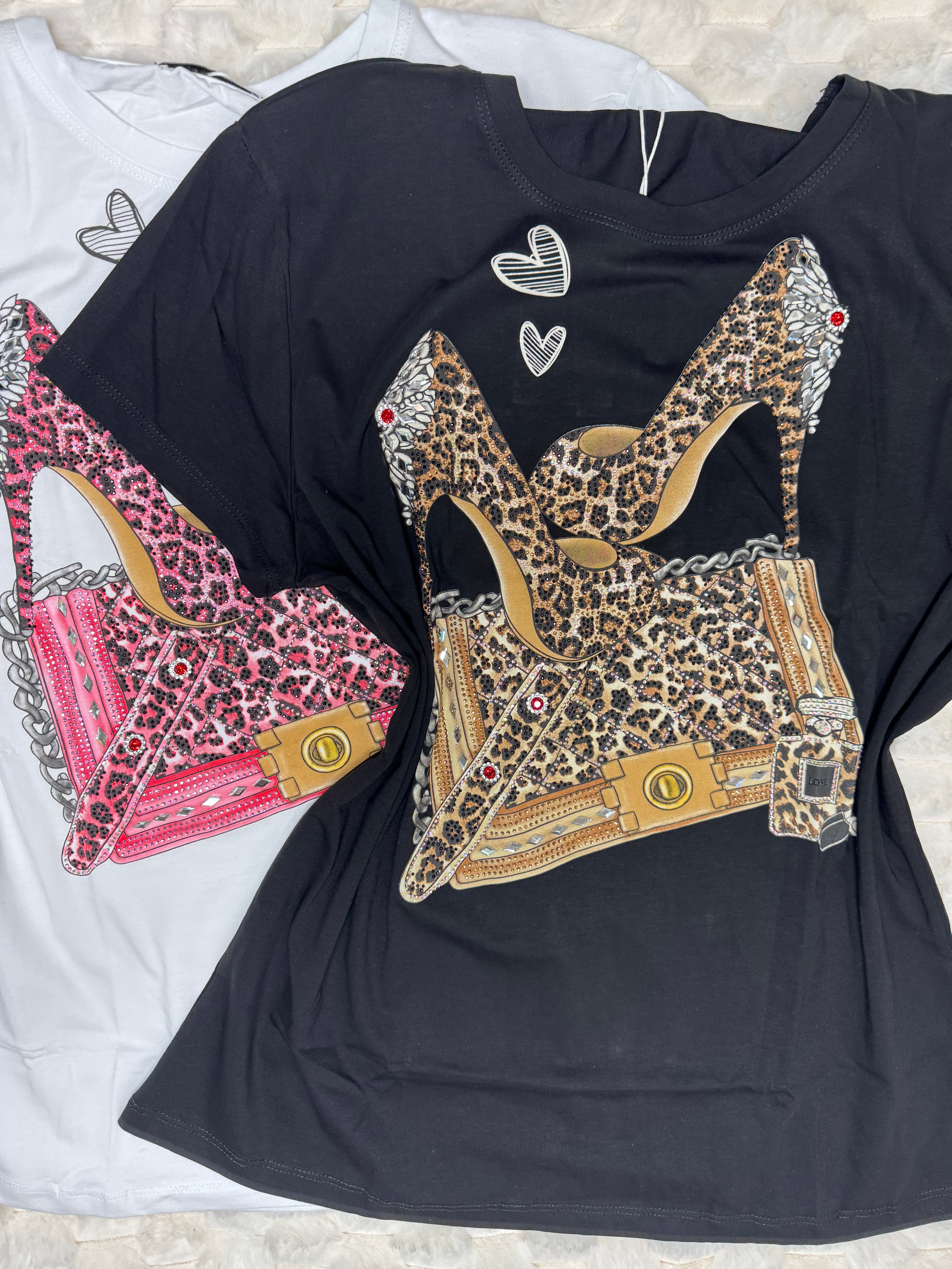 K0035 Fierce & Fabulous Leopard Heels Graphic Tee with Rhinestones