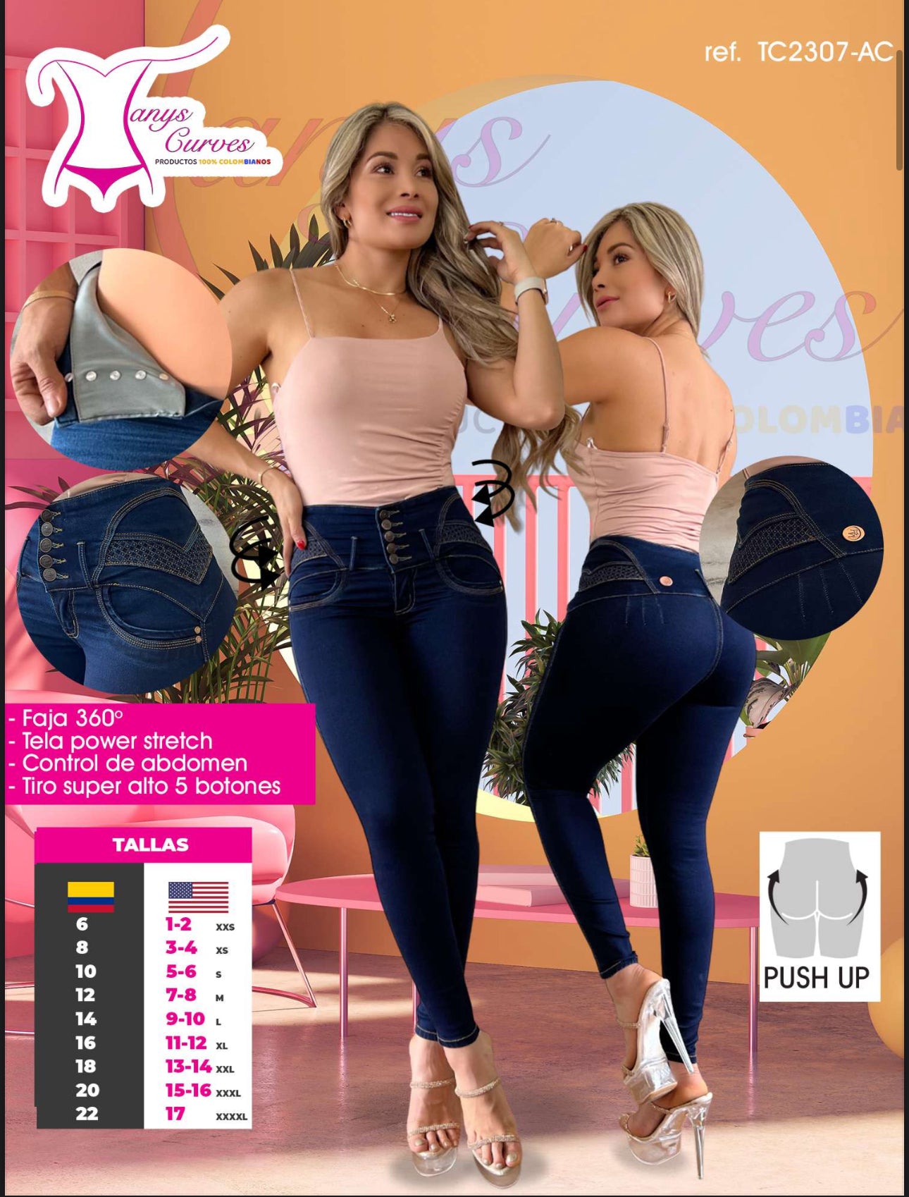 2307-AO Colombian Jean with internal girdle style 360 with 5 button design