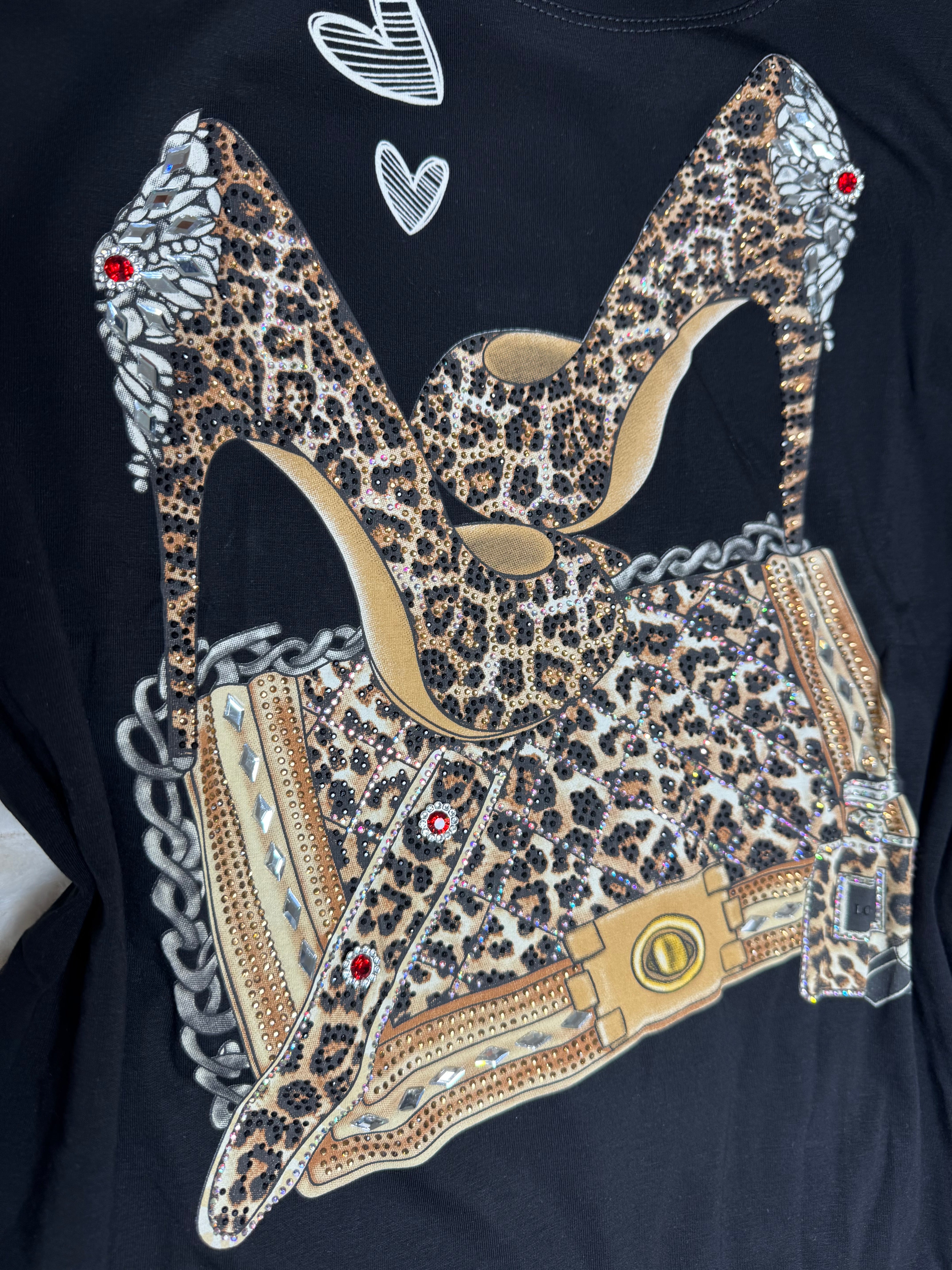 K0035 Fierce & Fabulous Leopard Heels Graphic Tee with Rhinestones