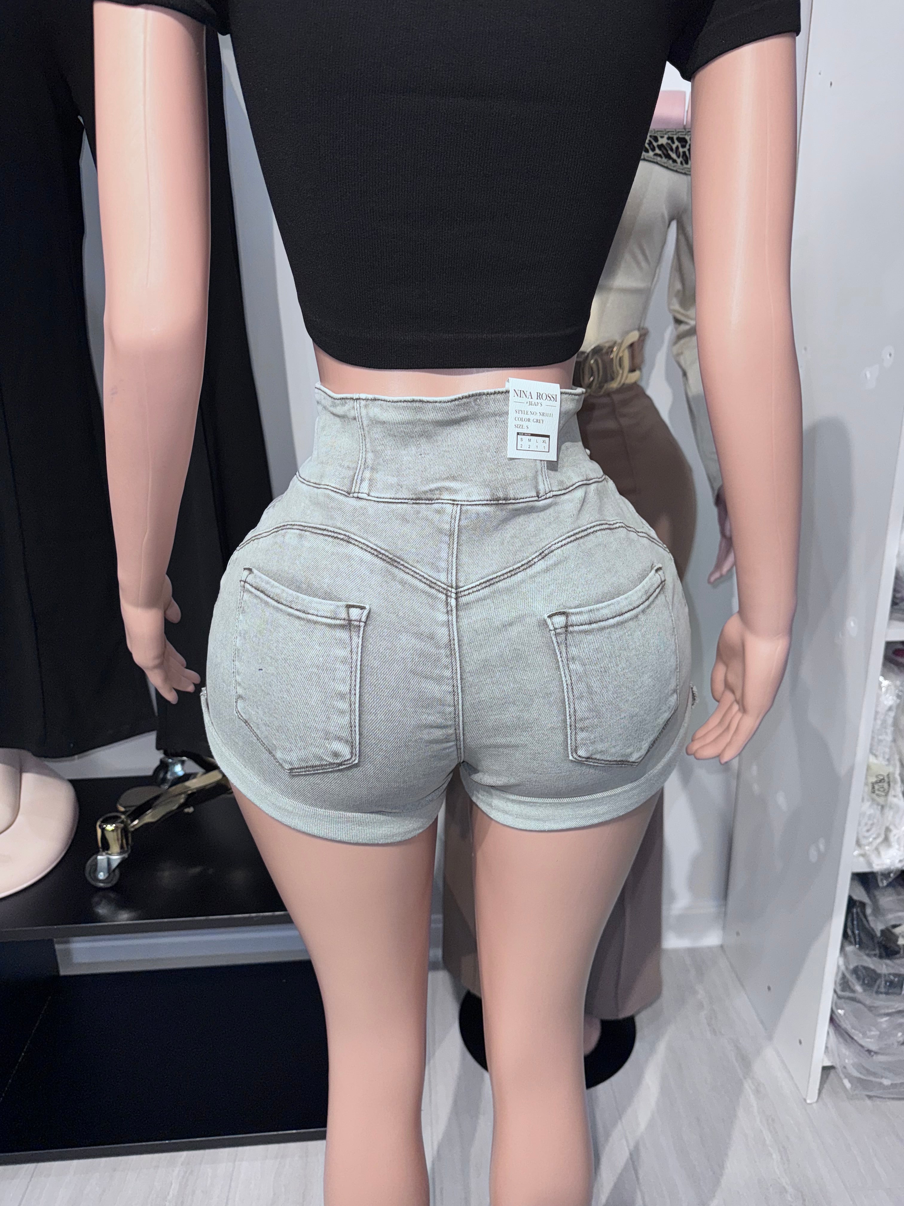 NR3108-11 Diamond Waist Snatch Denim Shorts