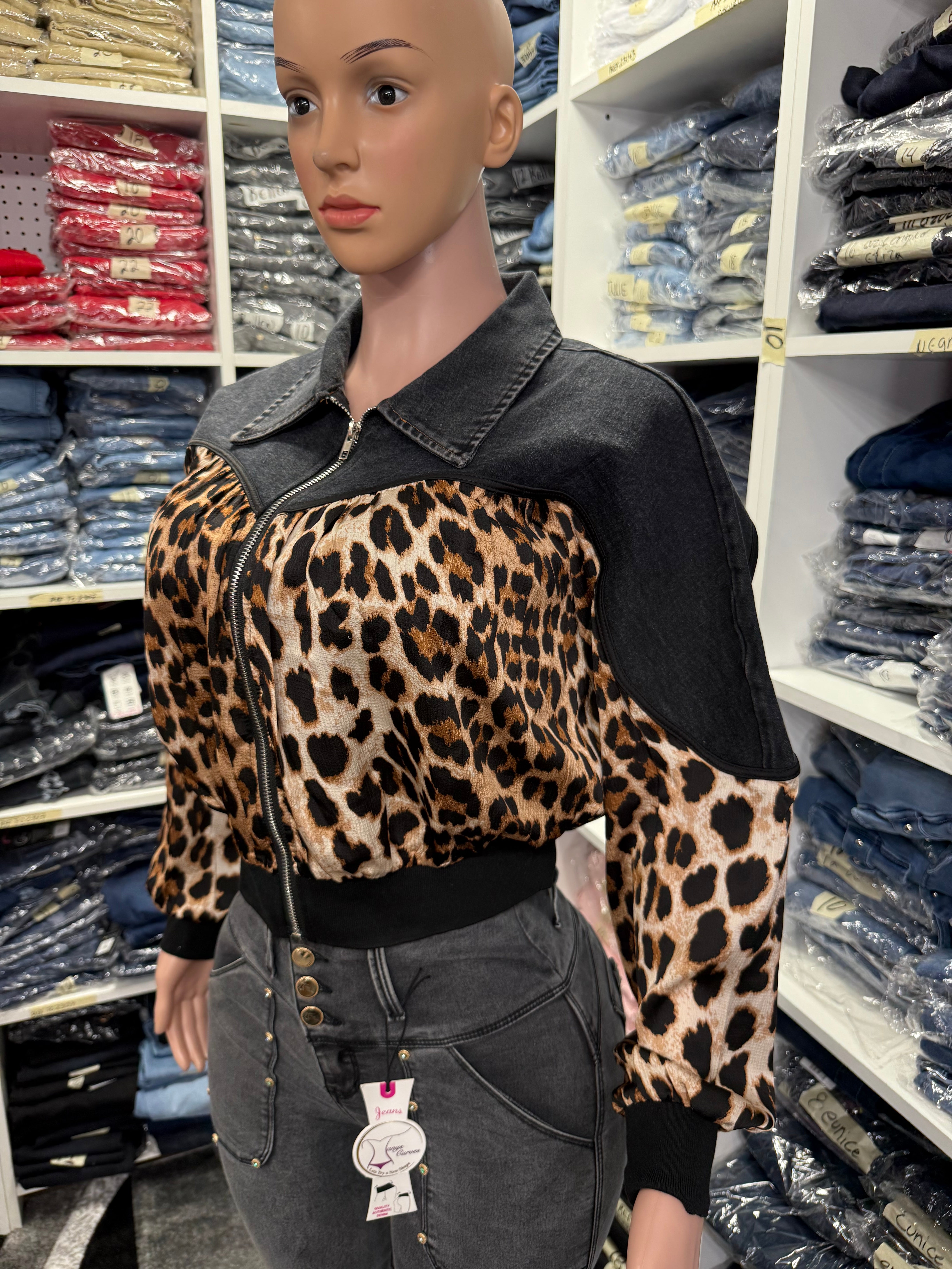 Women’s Zip upJacket half denim & half leopard print