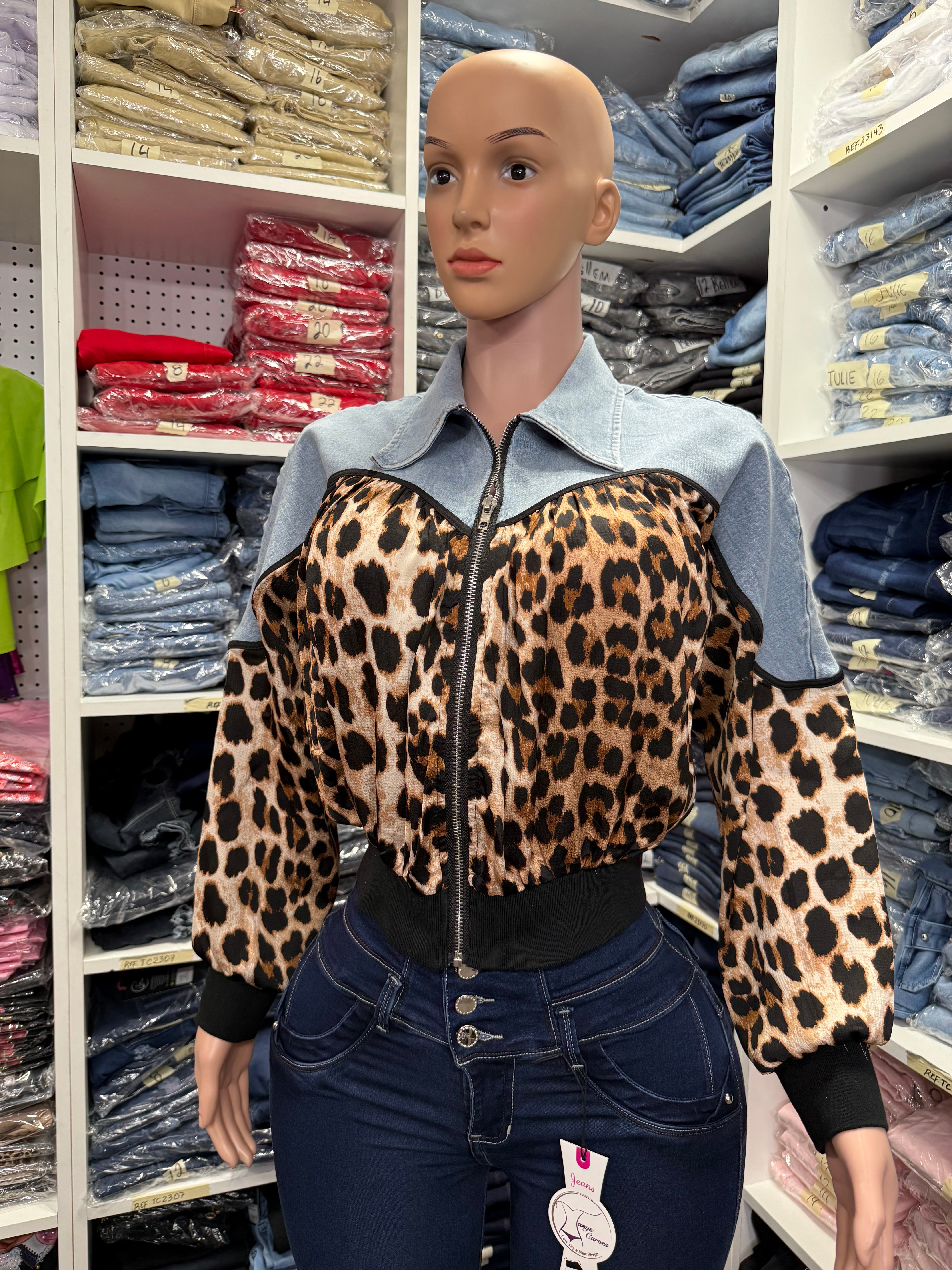 Women’s Zip upJacket half denim & half leopard print