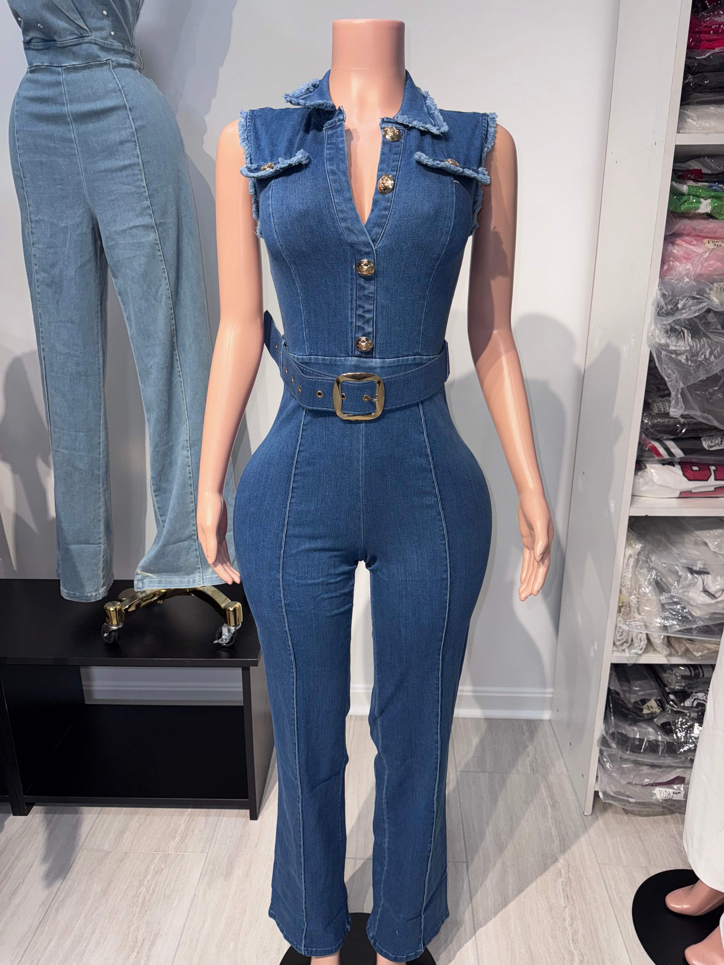 JPE23137 Jumpsuit with denim Belt & Gold colored button