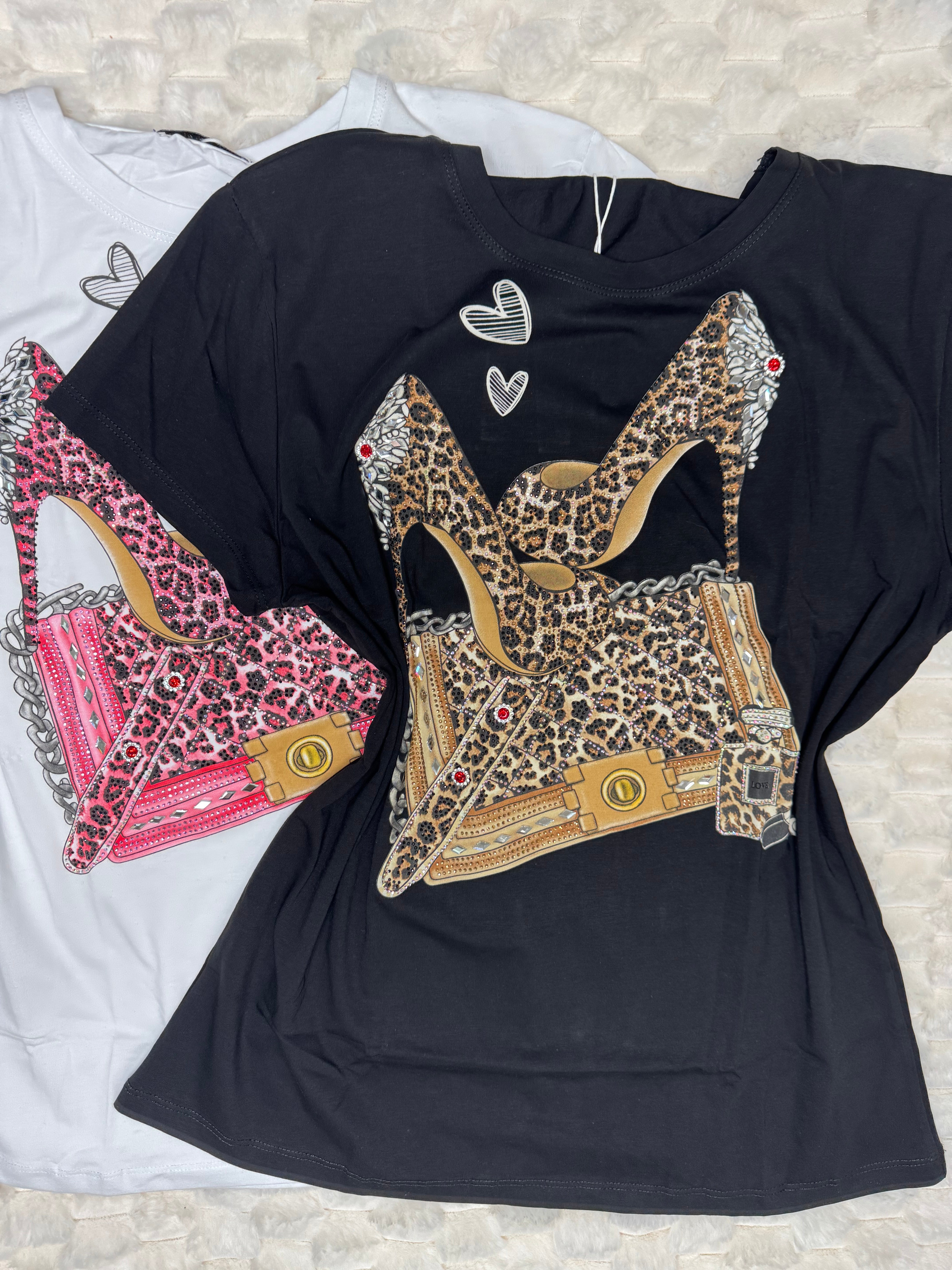 K0035 Fierce & Fabulous Leopard Heels Graphic Tee with Rhinestones