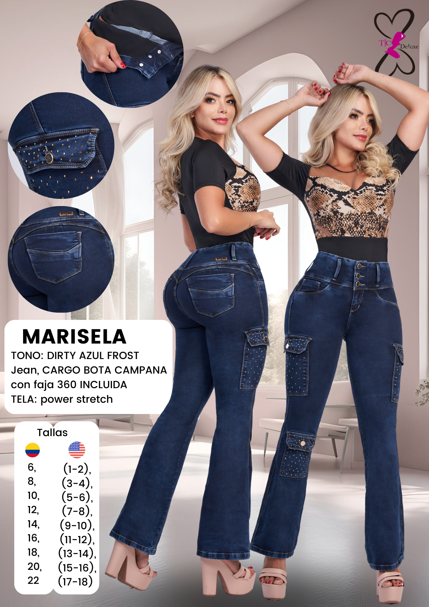 Marisela Colombian Jean with Internal Girdle style Lipo 360 and Rhinestone Accent Flared Leg Cargo