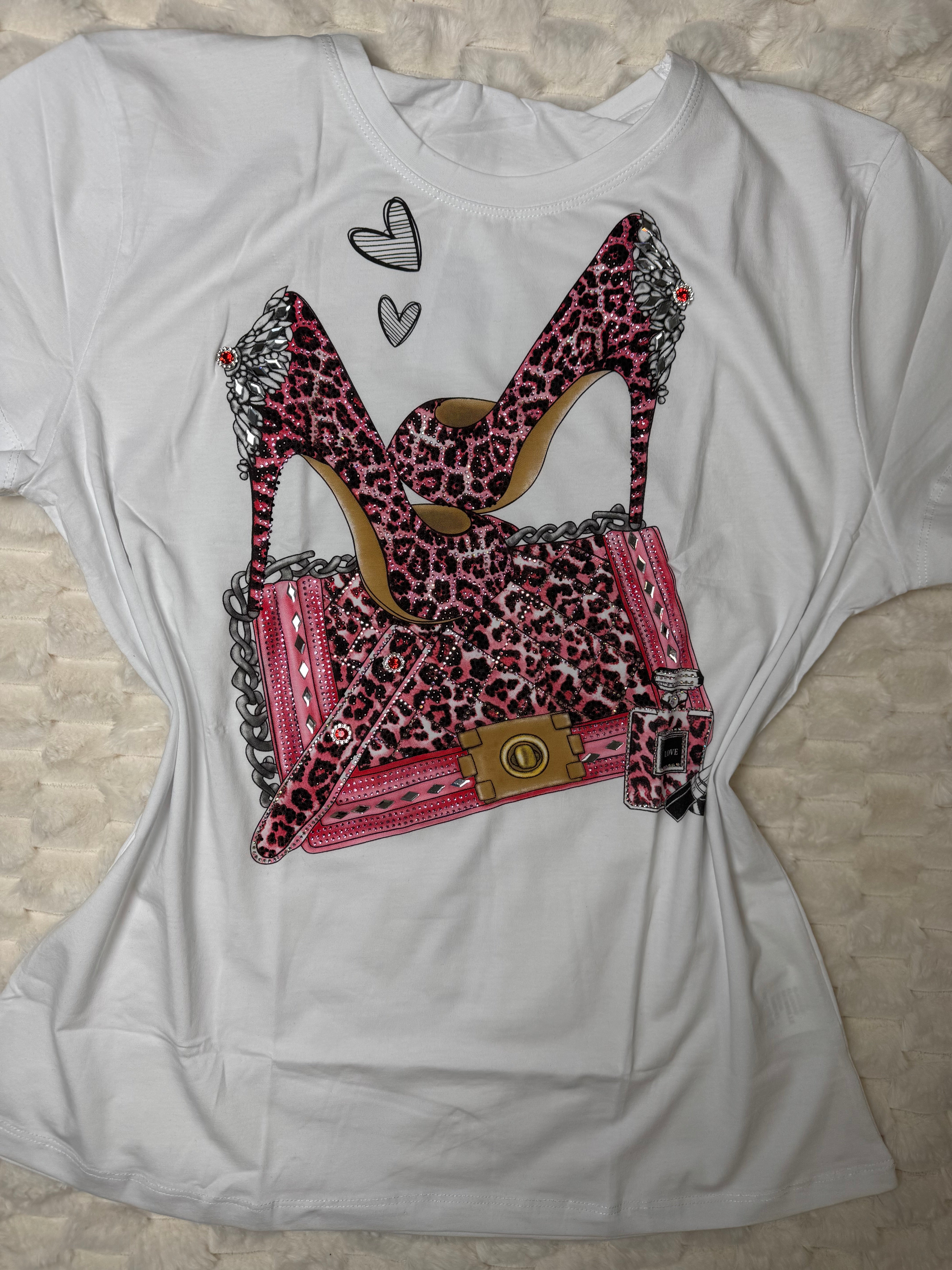 K0035 Fierce & Fabulous Leopard Heels Graphic Tee with Rhinestones