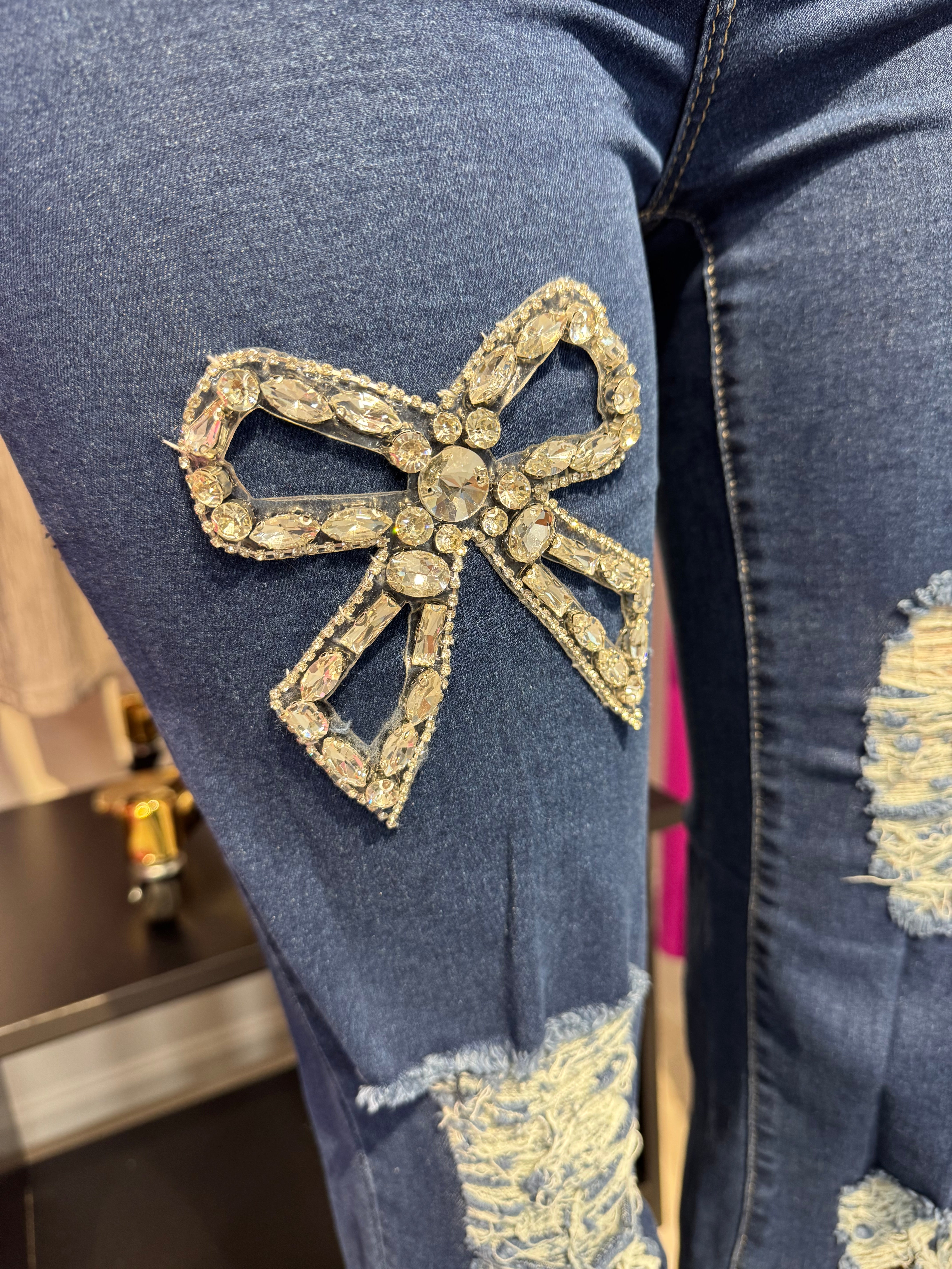 Glam Bow Distressed Straight-Leg Jeans