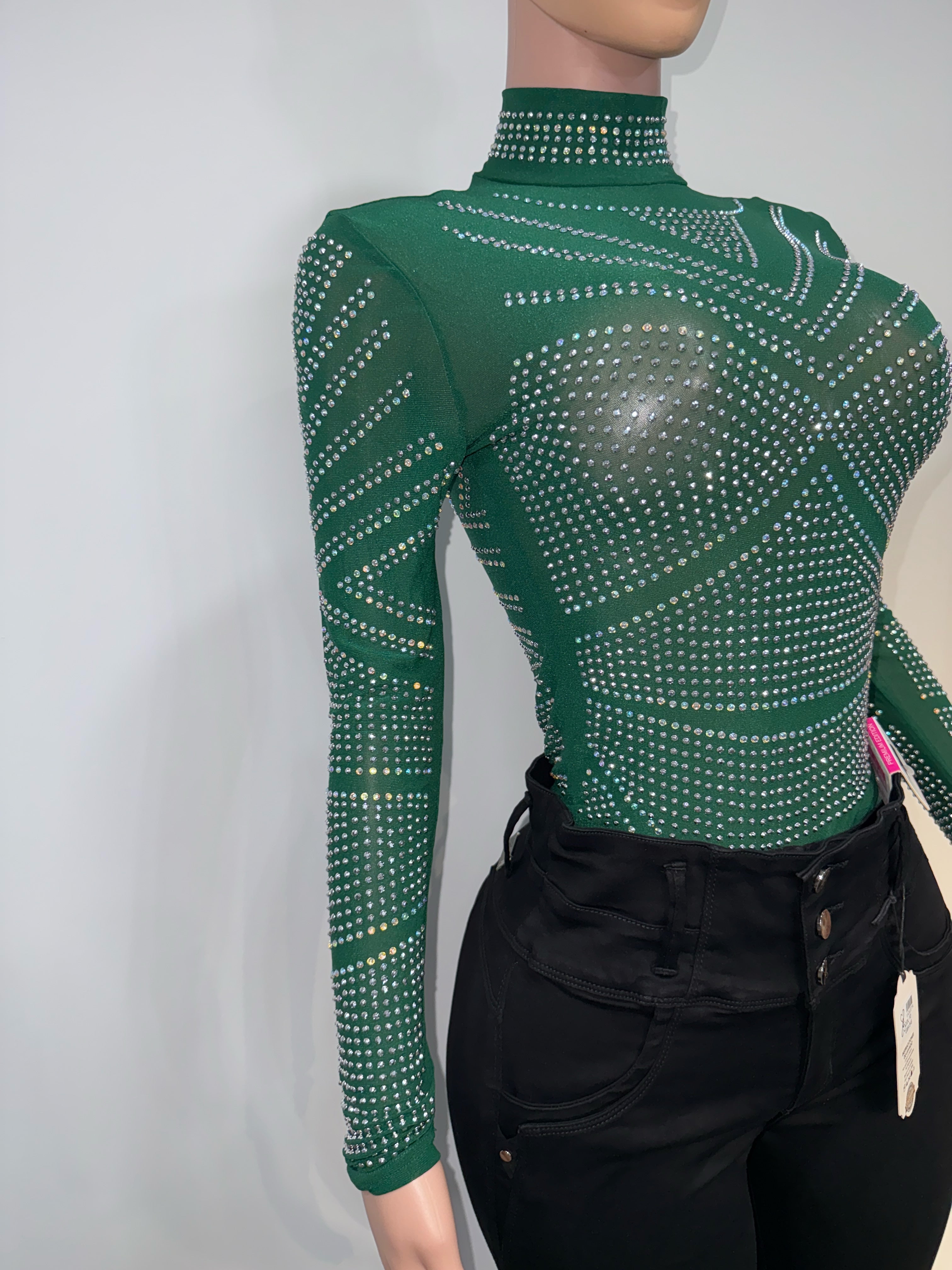 #011 Emerald Dazzle Rhinestone Bodysuit