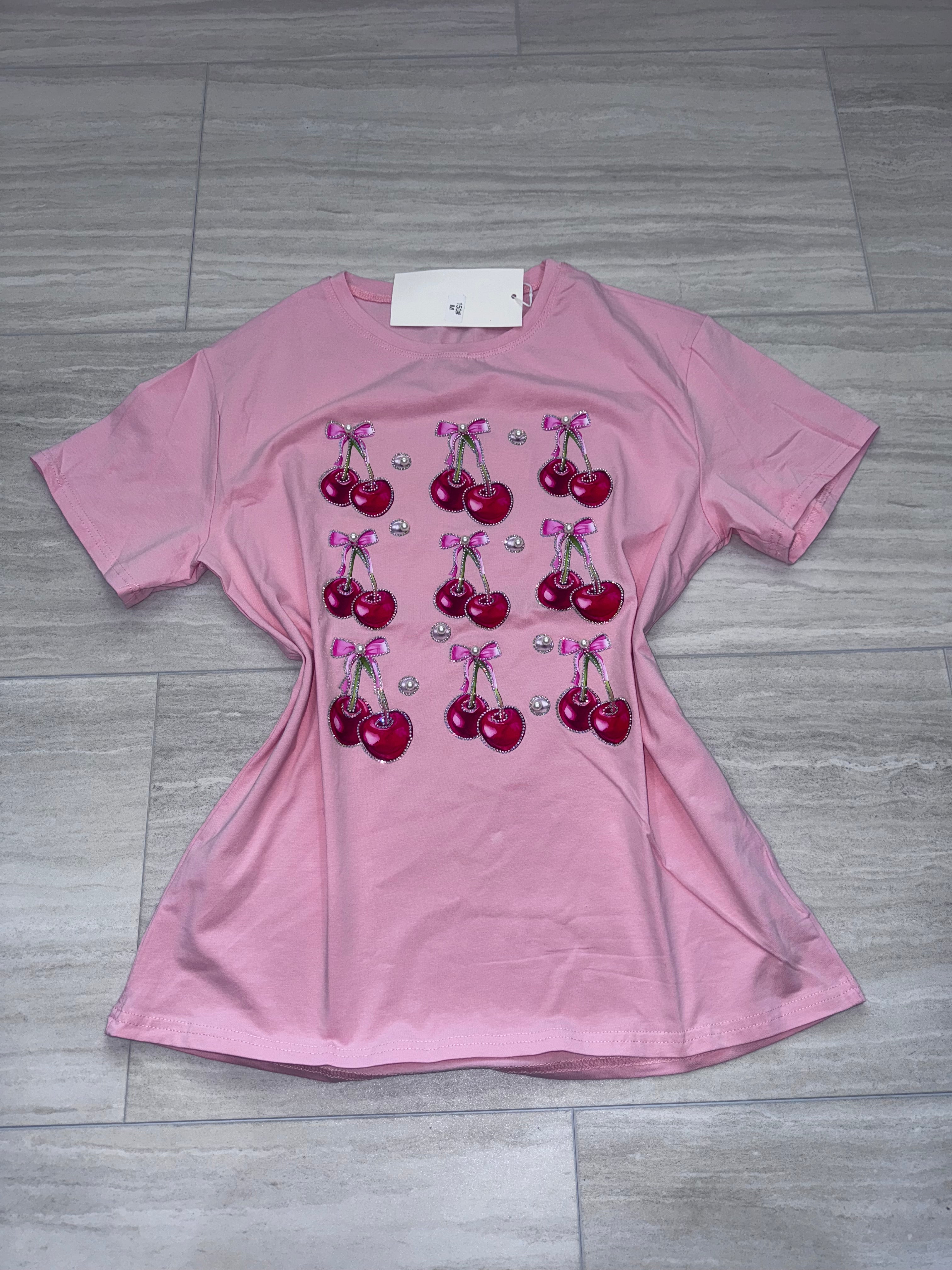 #150 Cherry Bling Bow Tee with Rhinestones