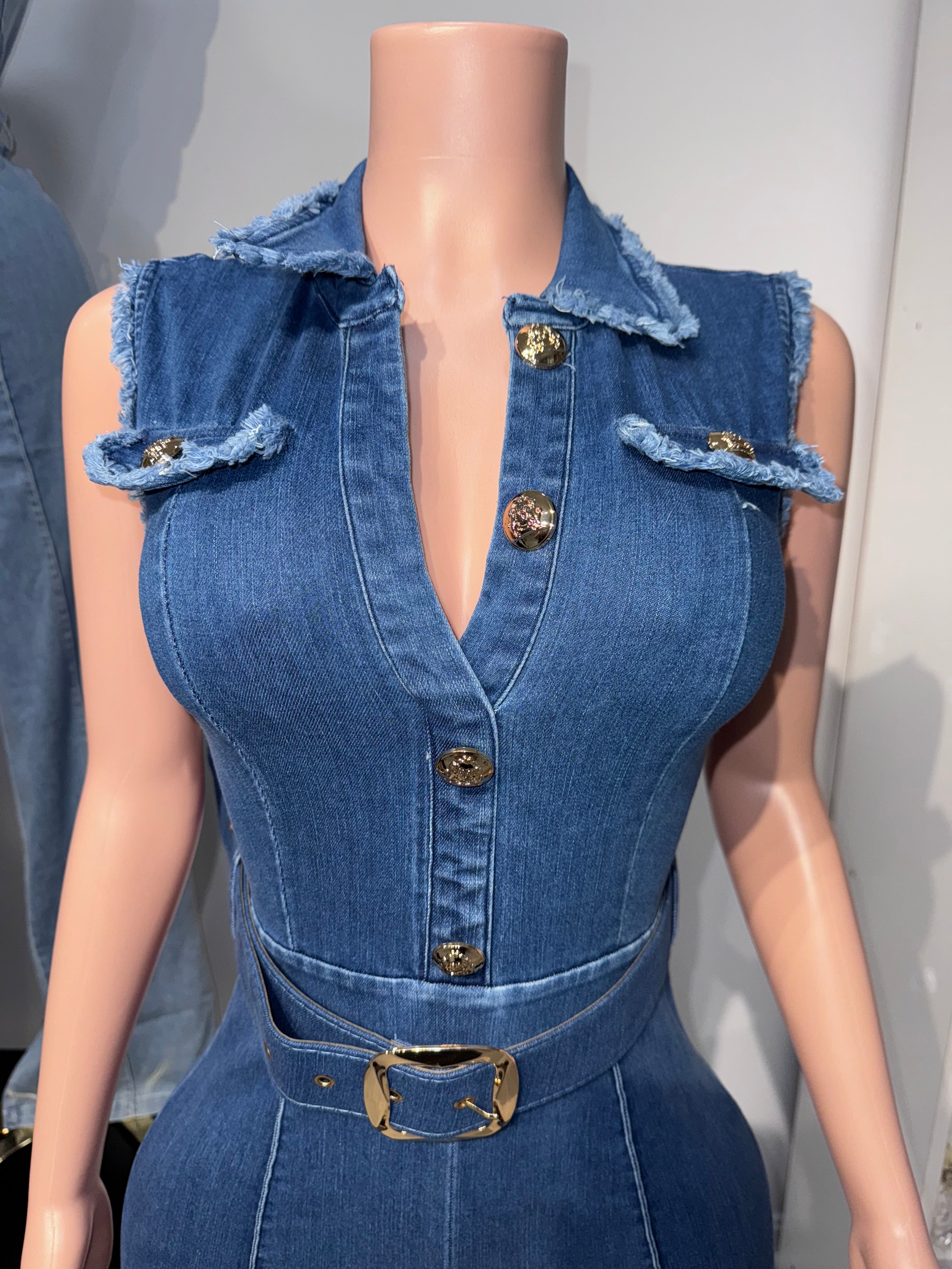 JPE23137 Jumpsuit with denim Belt & Gold colored button