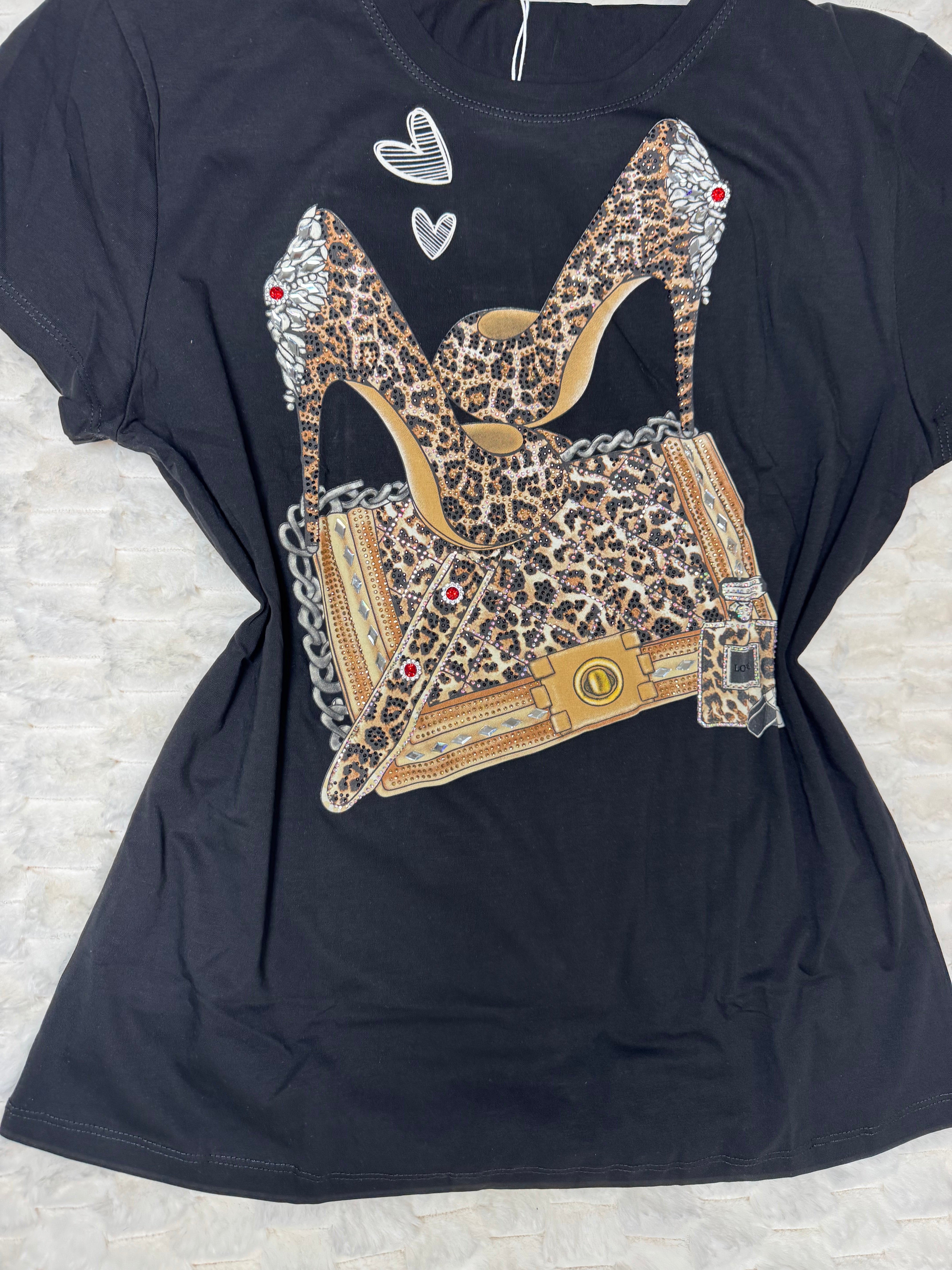 K0035 Fierce & Fabulous Leopard Heels Graphic Tee with Rhinestones