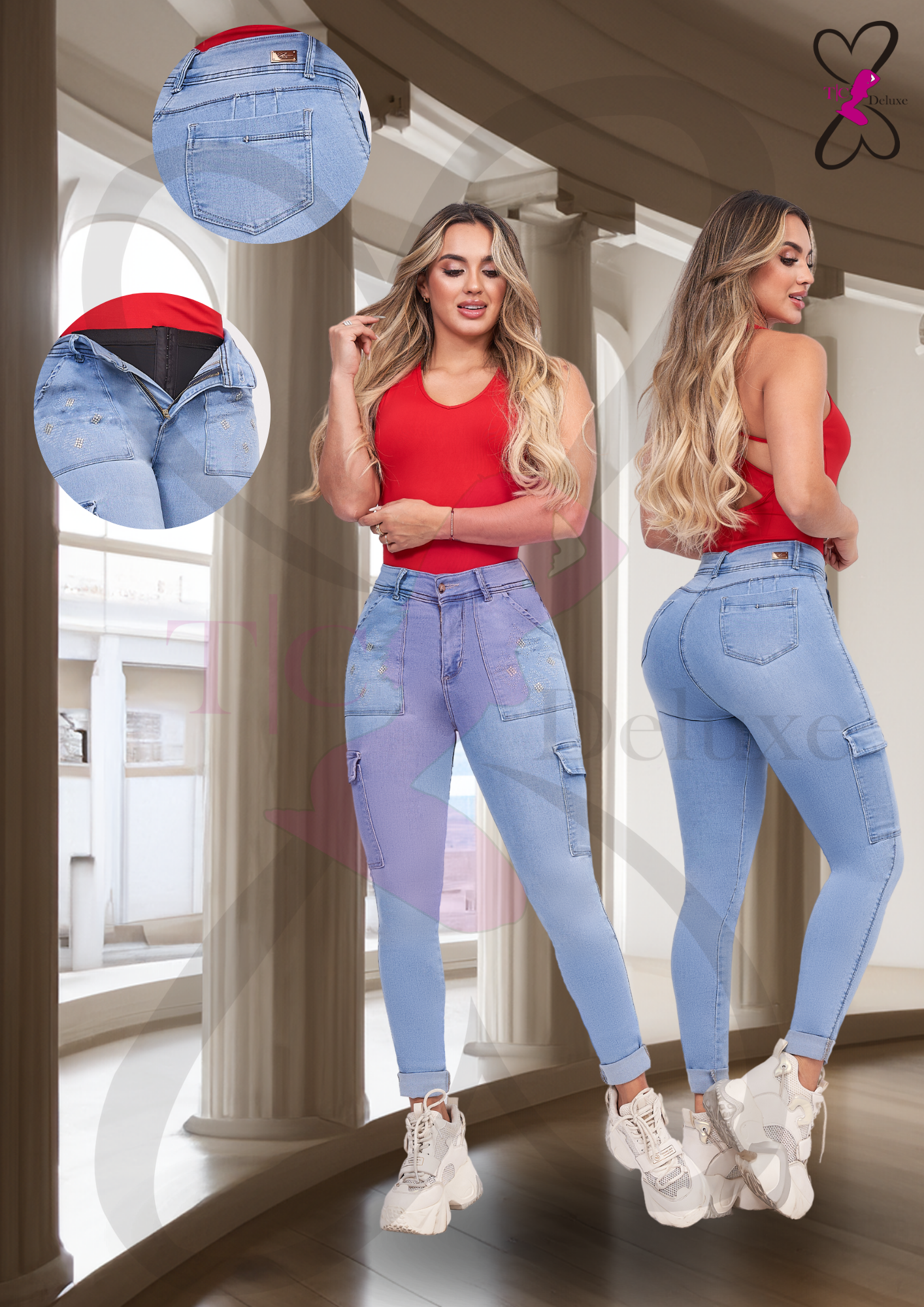 Jamileth Colombian Jean with internal girdle style 180 Panty Cargo style with Rhinestone