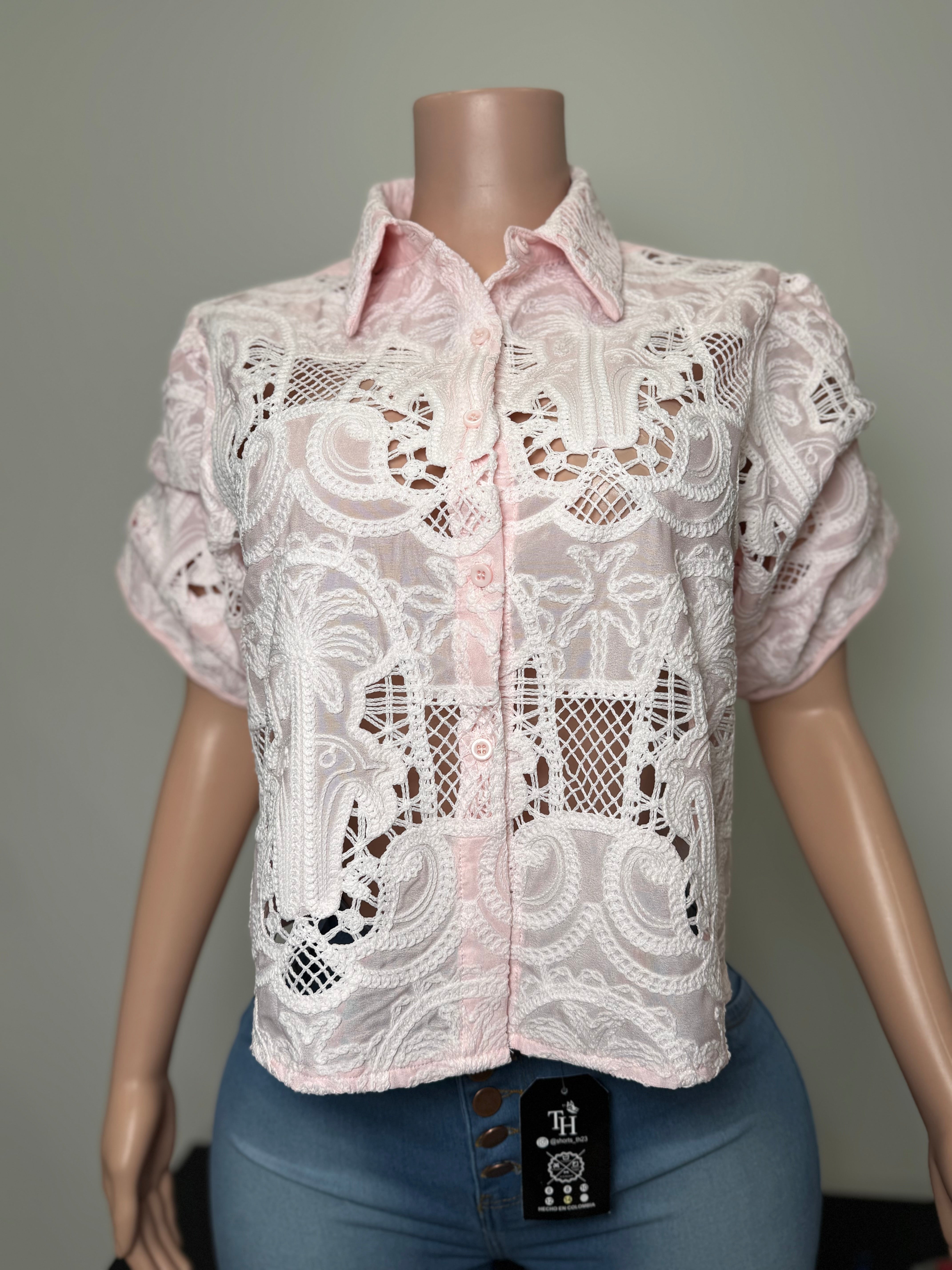 TX71348 Pink Blush Bloom Crochet Blouse