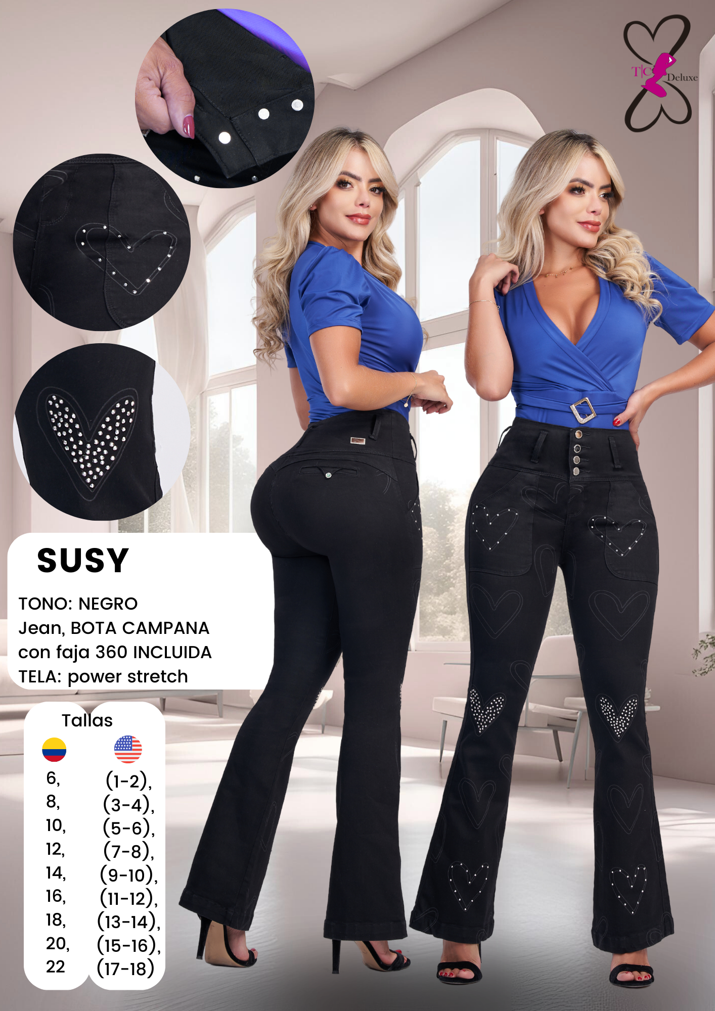 Susy Colombian Jean with internal girdle (style 360) flared styled leg with heart design 4 button design