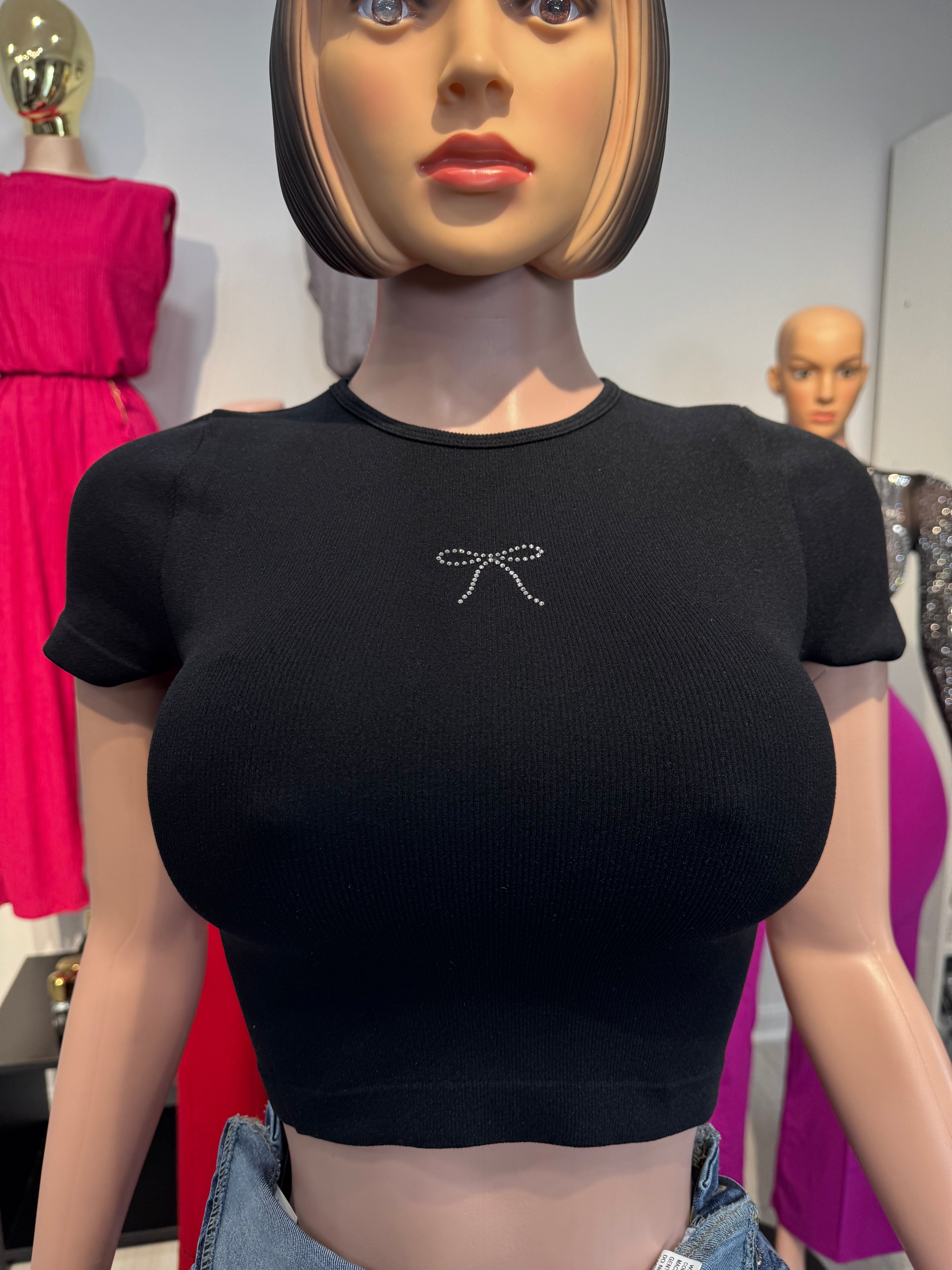 Stone-5 Basic Top with Rhinestones with Mono Coquette design