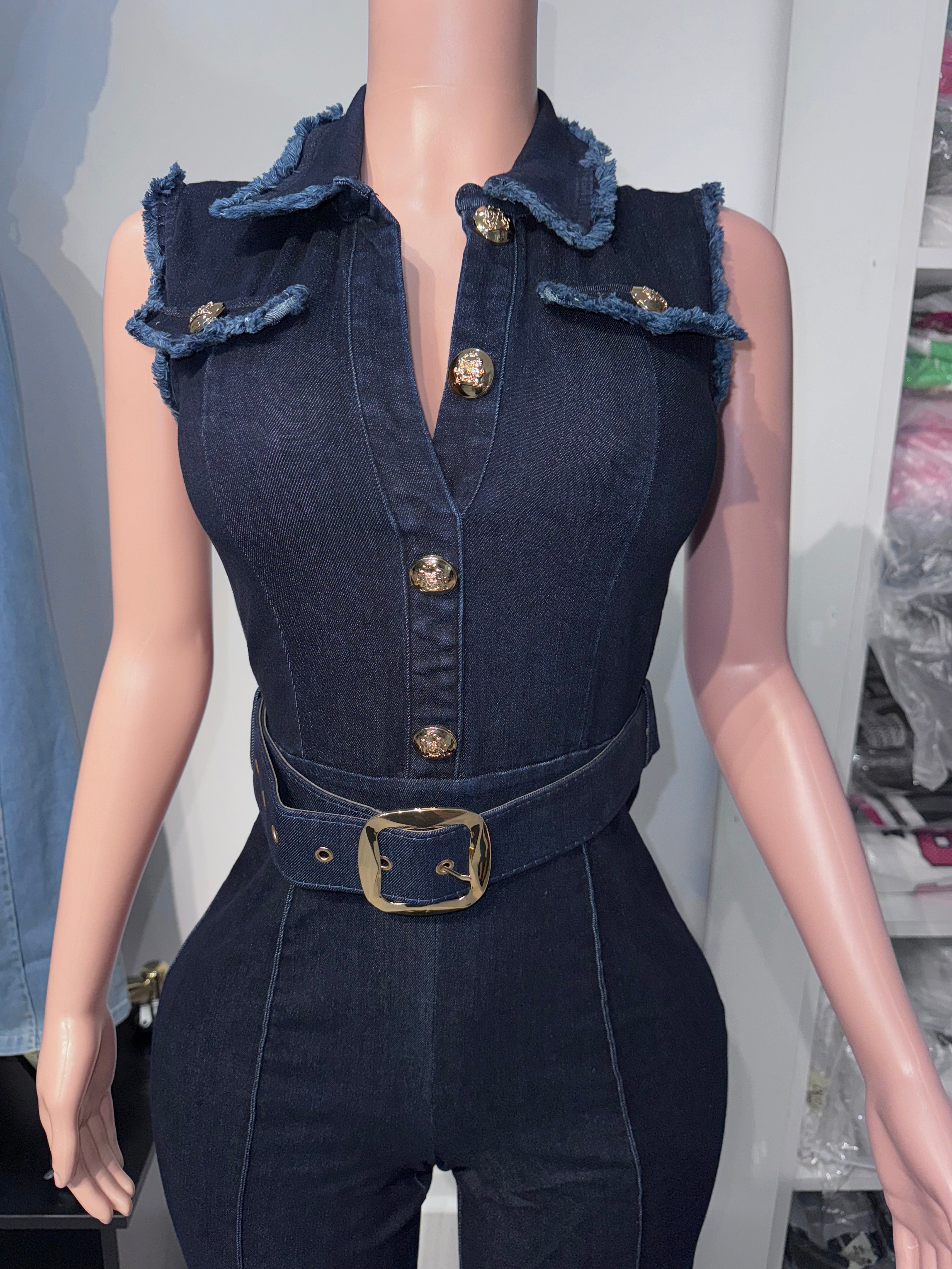 JPE23137 Jumpsuit with denim Belt & Gold colored button