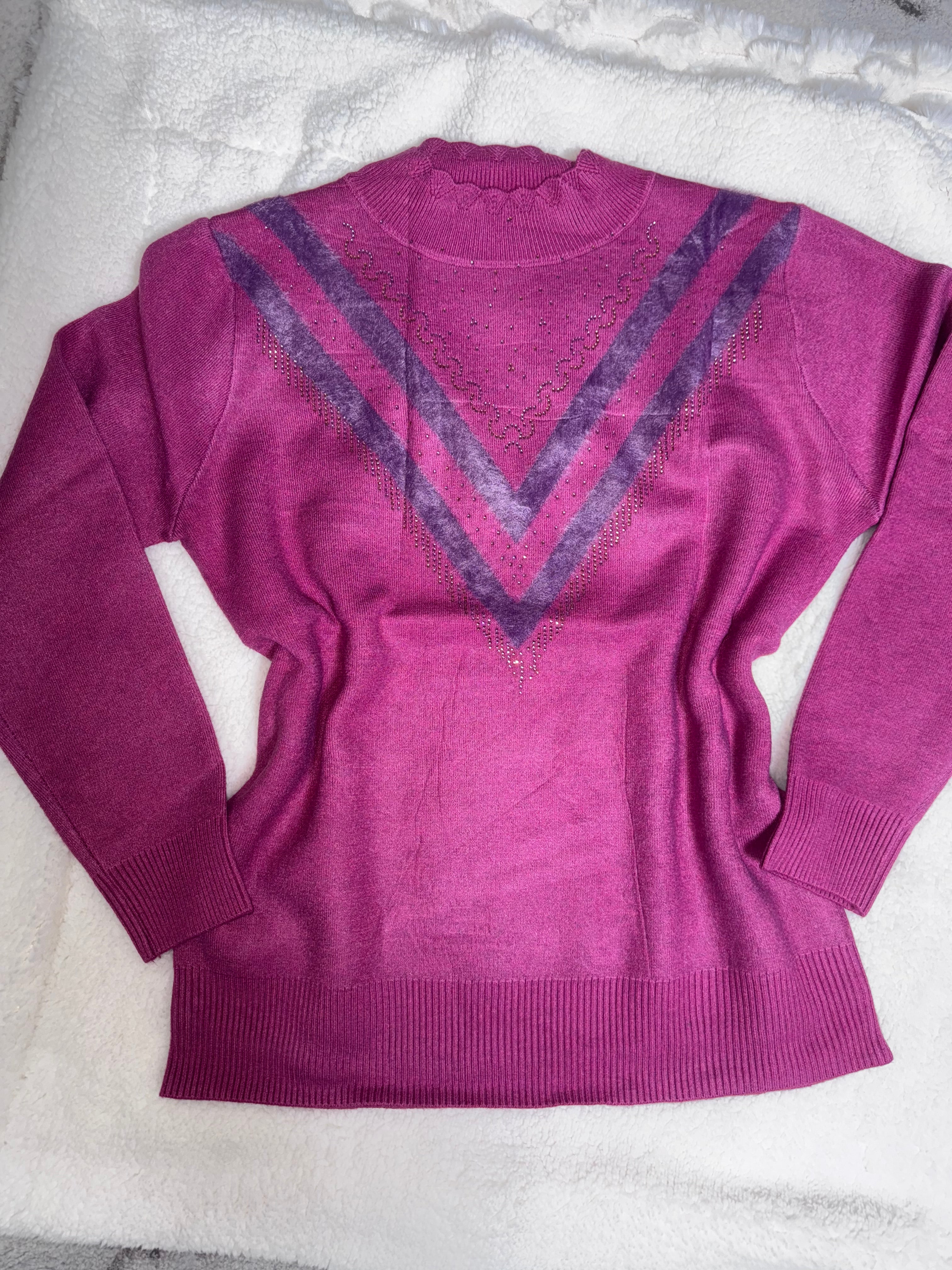 Women’s Sweater Pullover with Rhinestones V Design