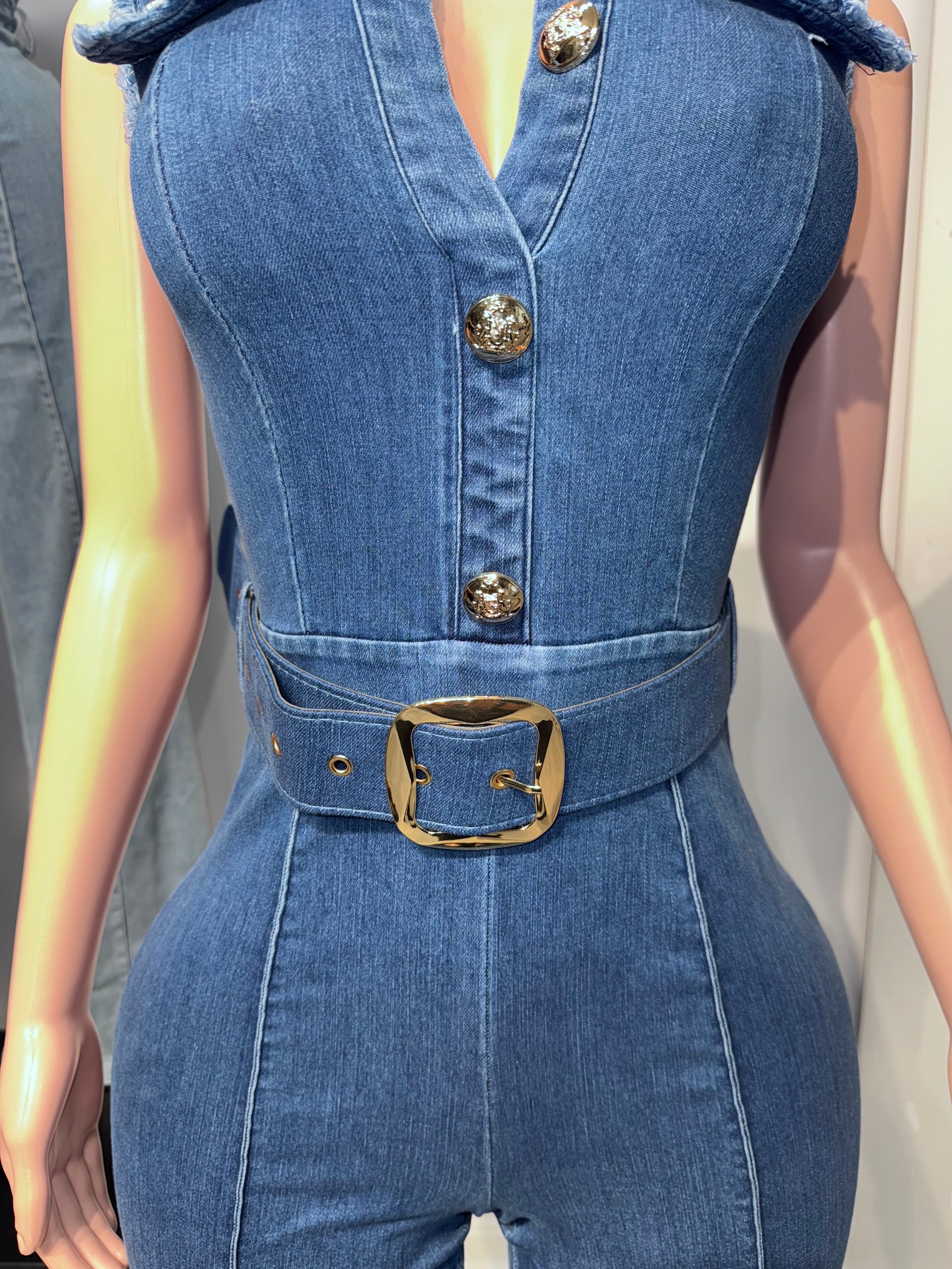 JPE23137 Jumpsuit with denim Belt & Gold colored button