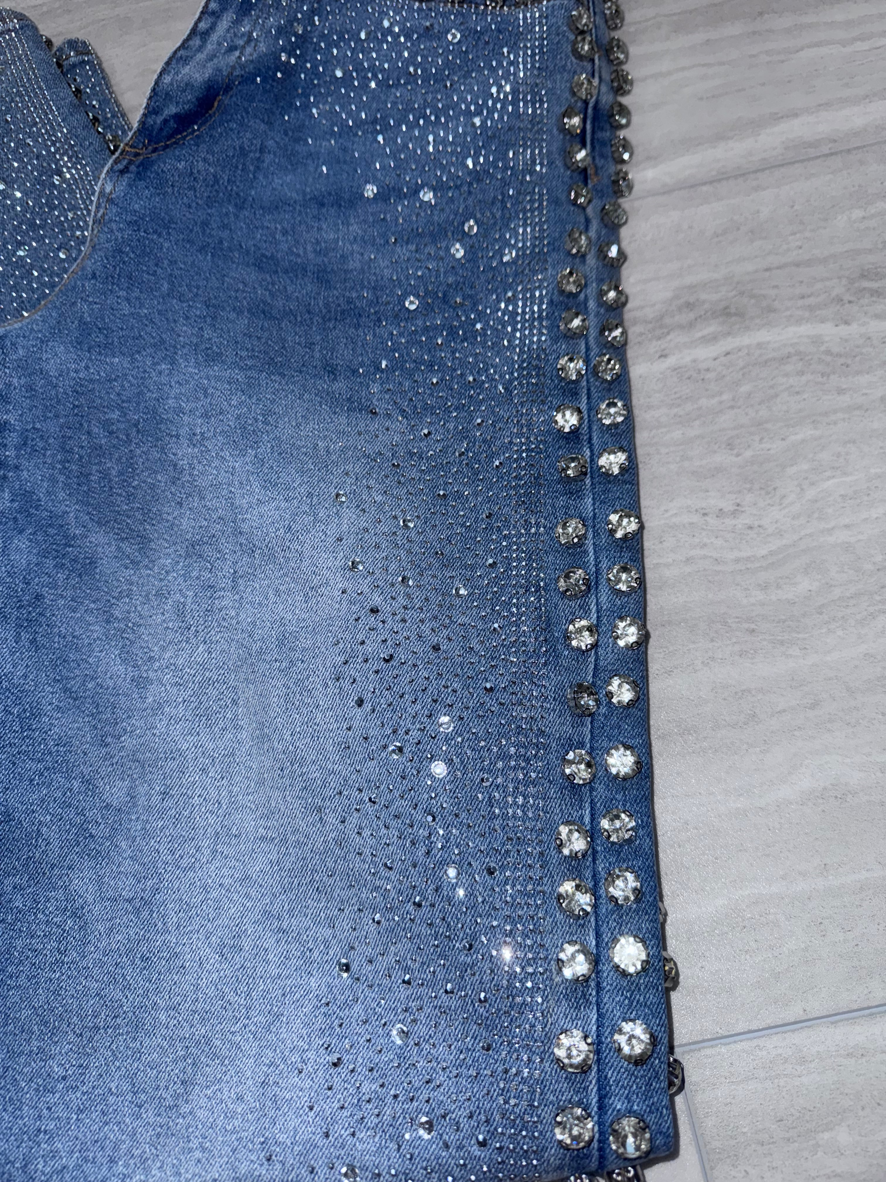 SO 438 Crystal Cascade High-Waisted Jeans with Rhinestones Straight Leg