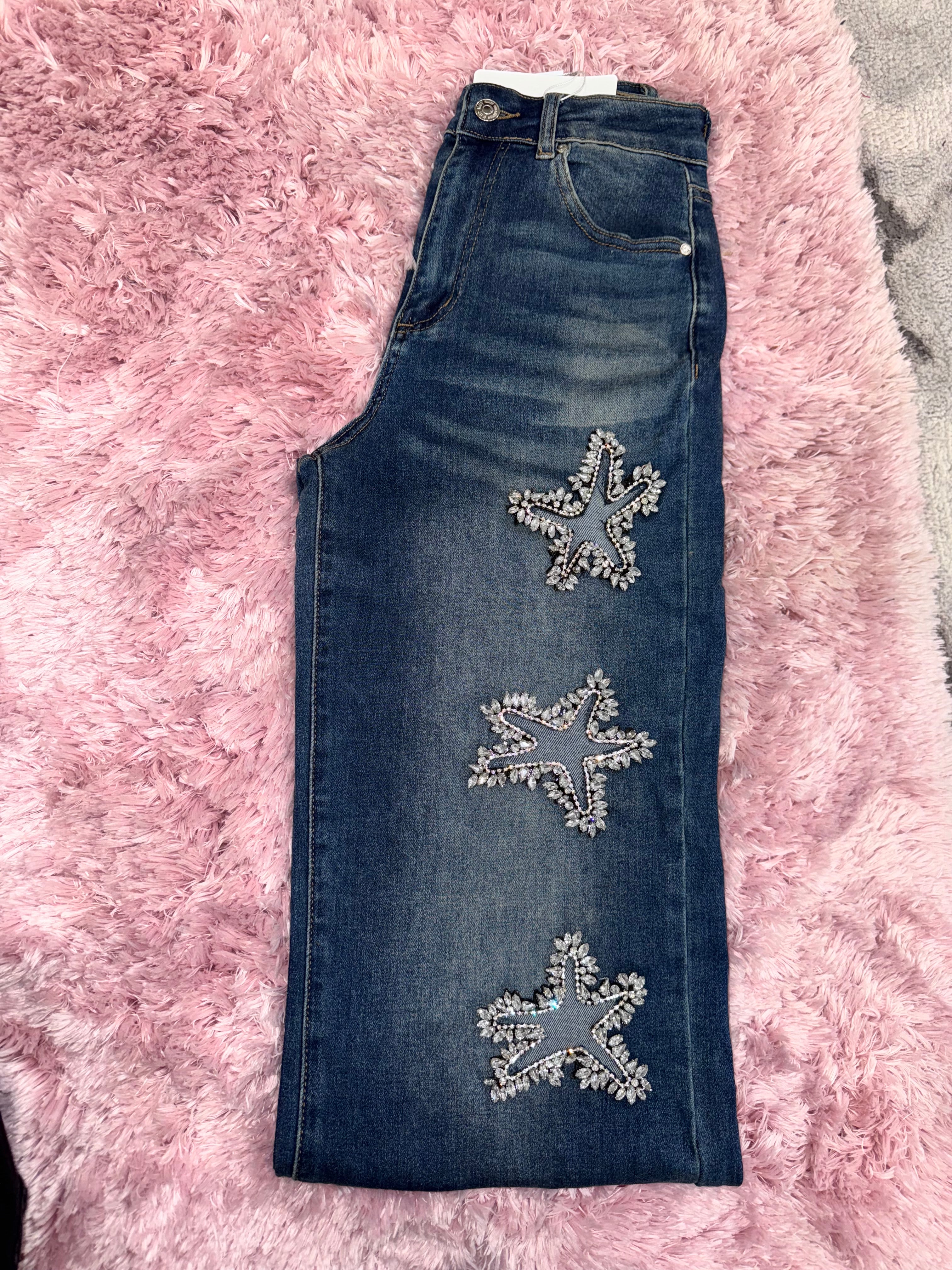 SO714 Women’s High Waisted Denim Jeans with Open Star design and Rhinestones - bottom, Woman’s wear