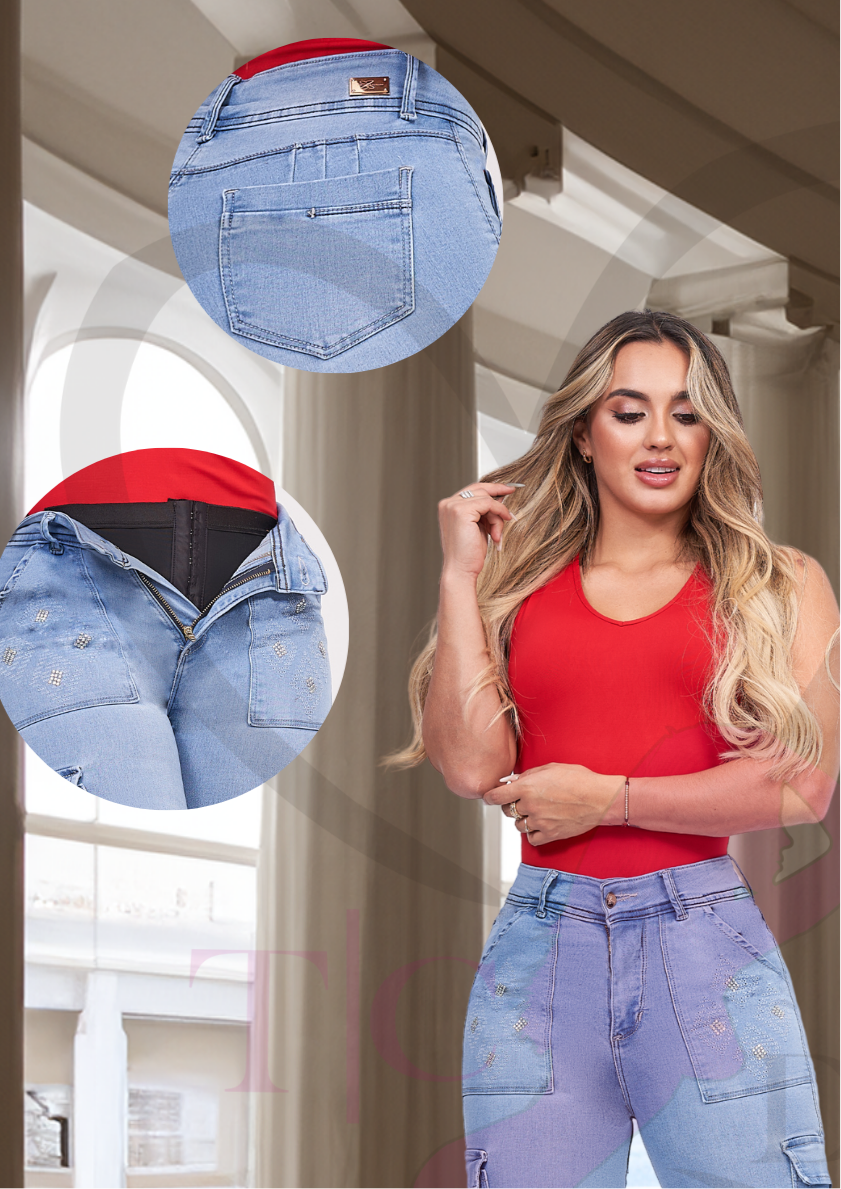 Jamileth Colombian Jean with internal girdle style 180 Panty Cargo style with Rhinestone