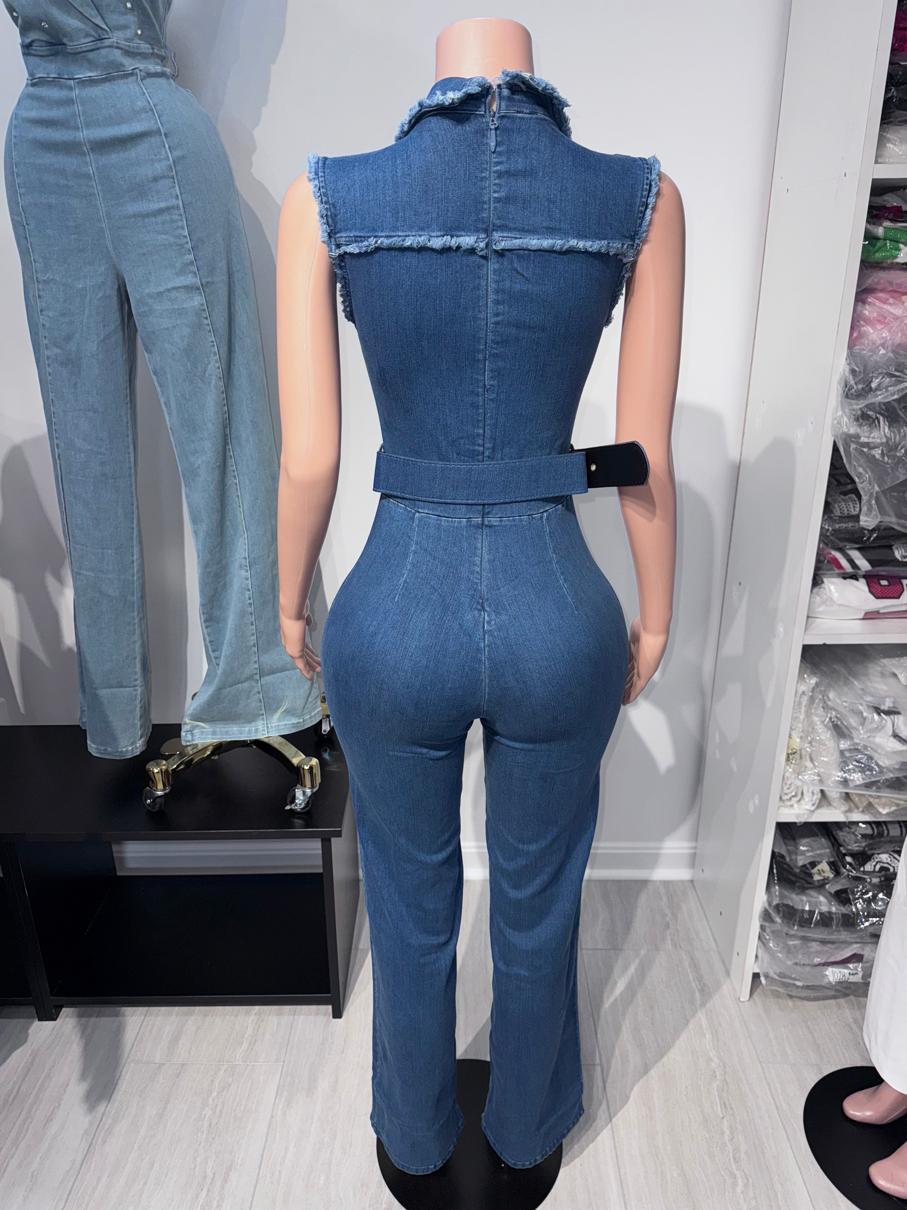 JPE23137 Jumpsuit with denim Belt & Gold colored button