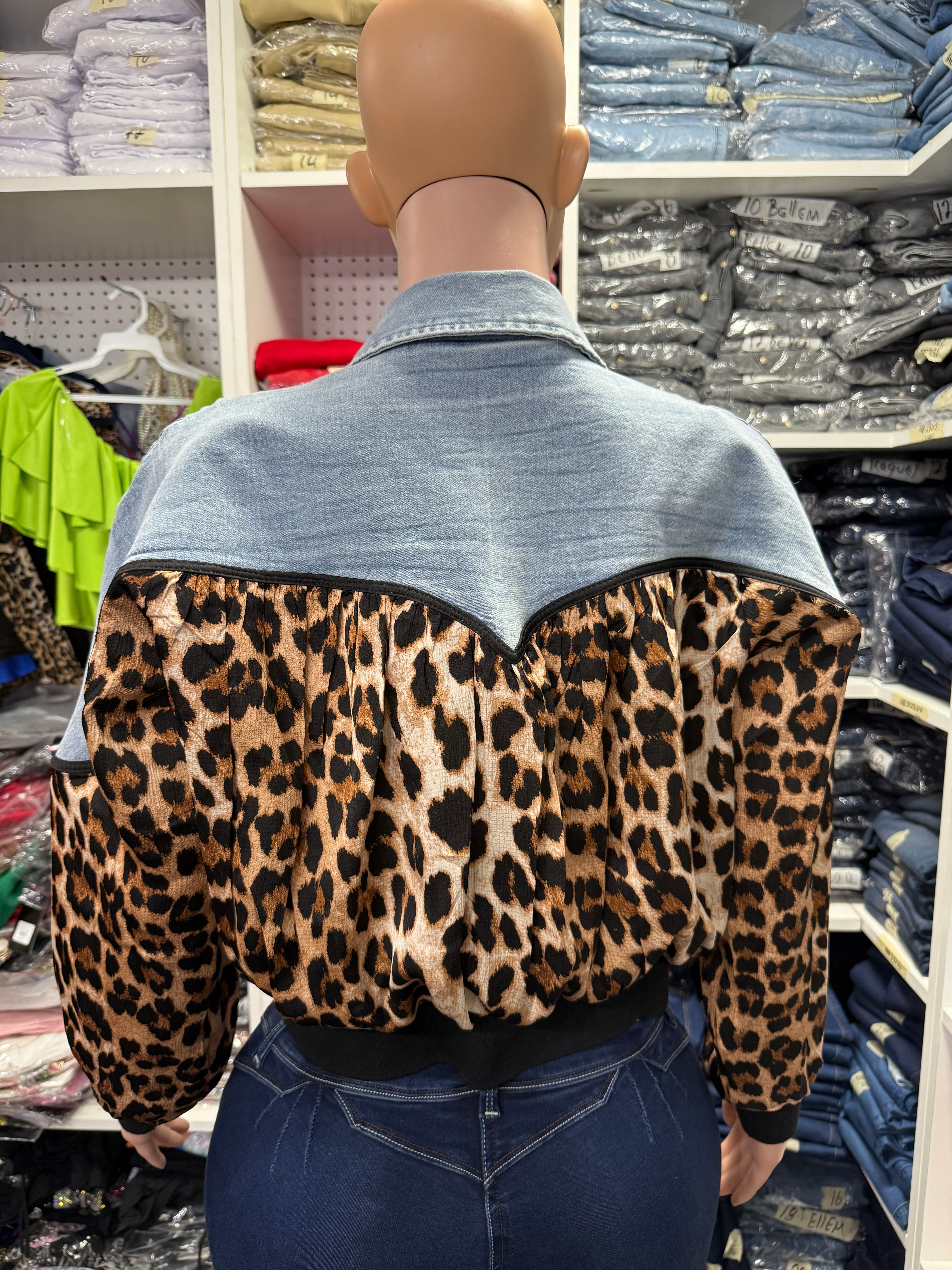 Women’s Zip upJacket half denim & half leopard print