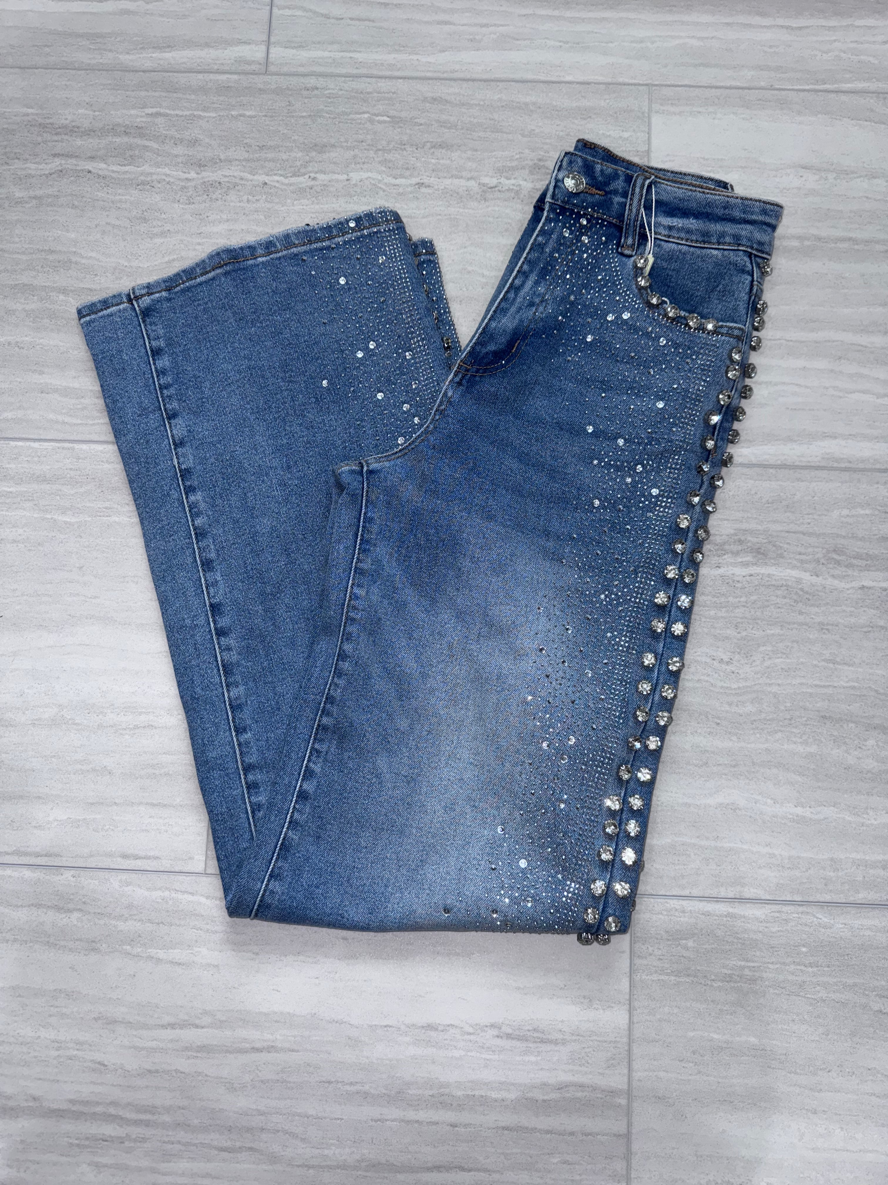 SO 438 Crystal Cascade High-Waisted Jeans with Rhinestones Straight Leg