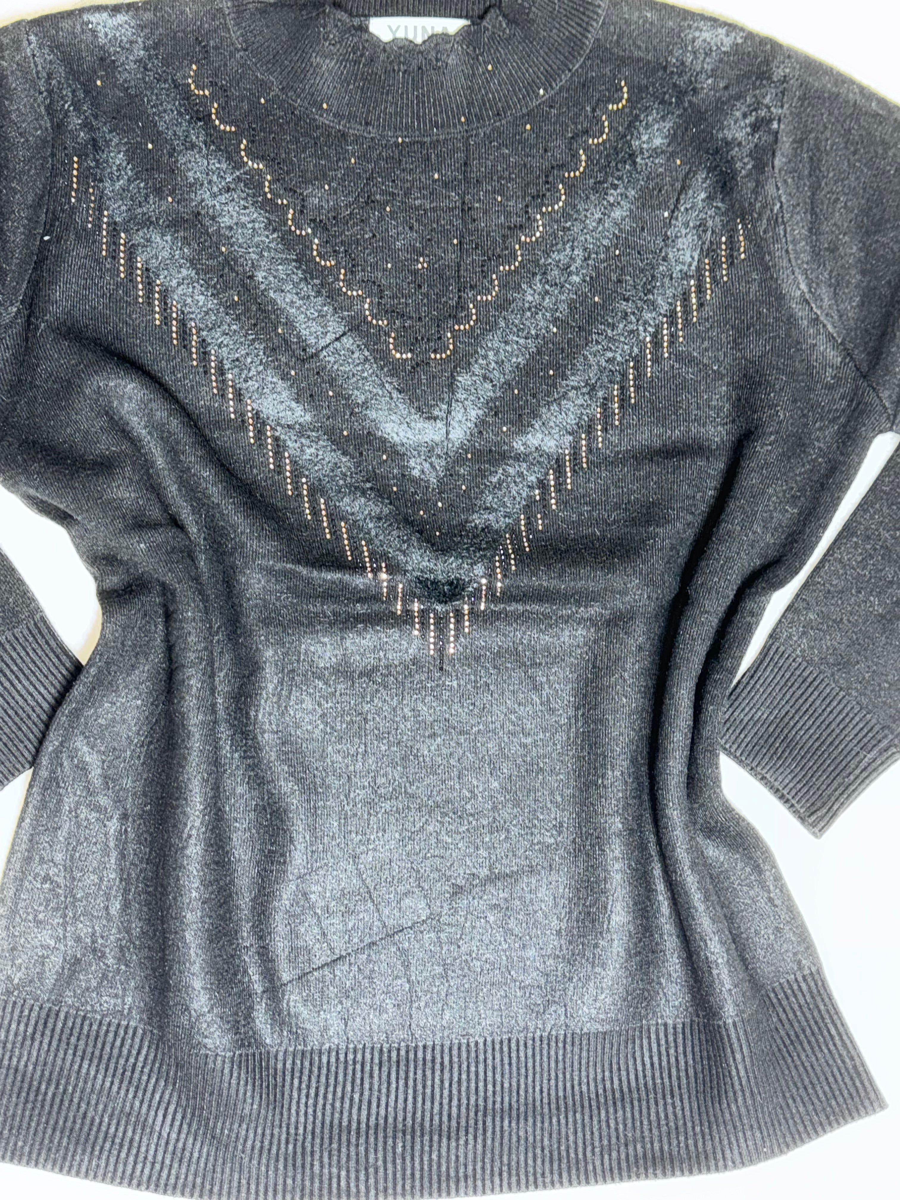 Women’s Sweater Pullover with Rhinestones V Design