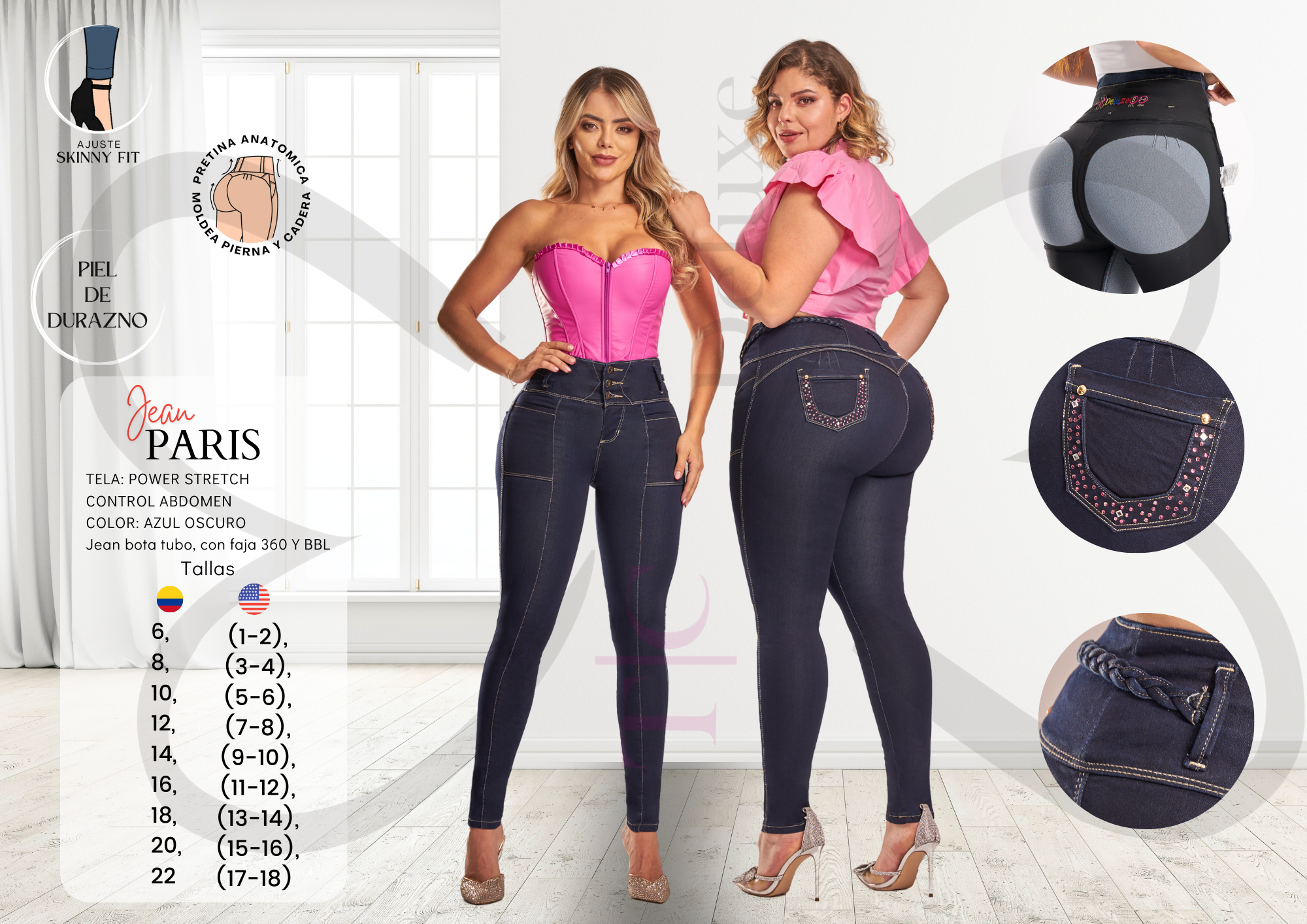 Paris Colombian Jean with Internal Girdle Style BBL & 360 Pockets with Rhinestone