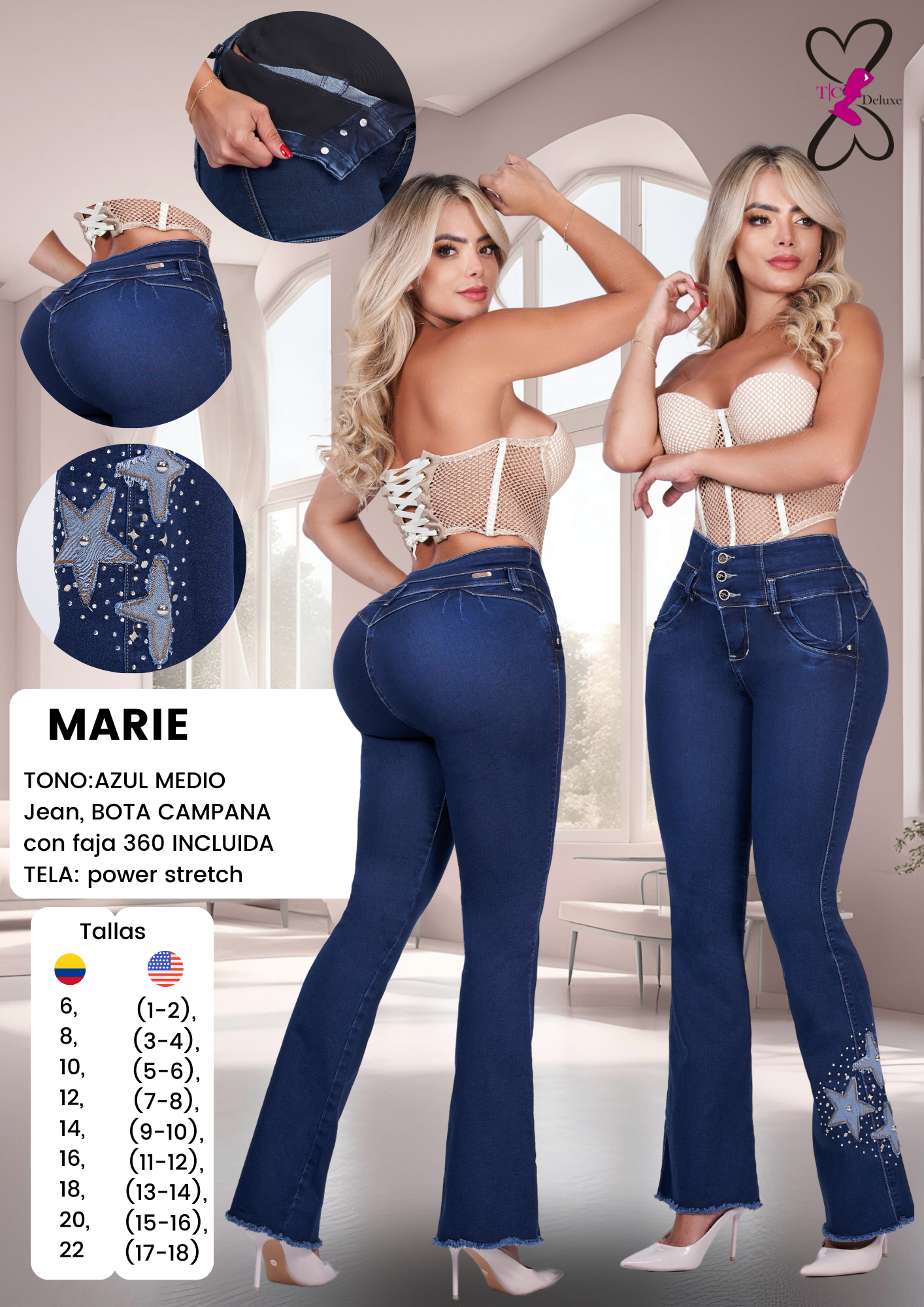 Marie Colombian Jean with Internal Girdle style LIPO 360 Flared Jeans Star Patch Design