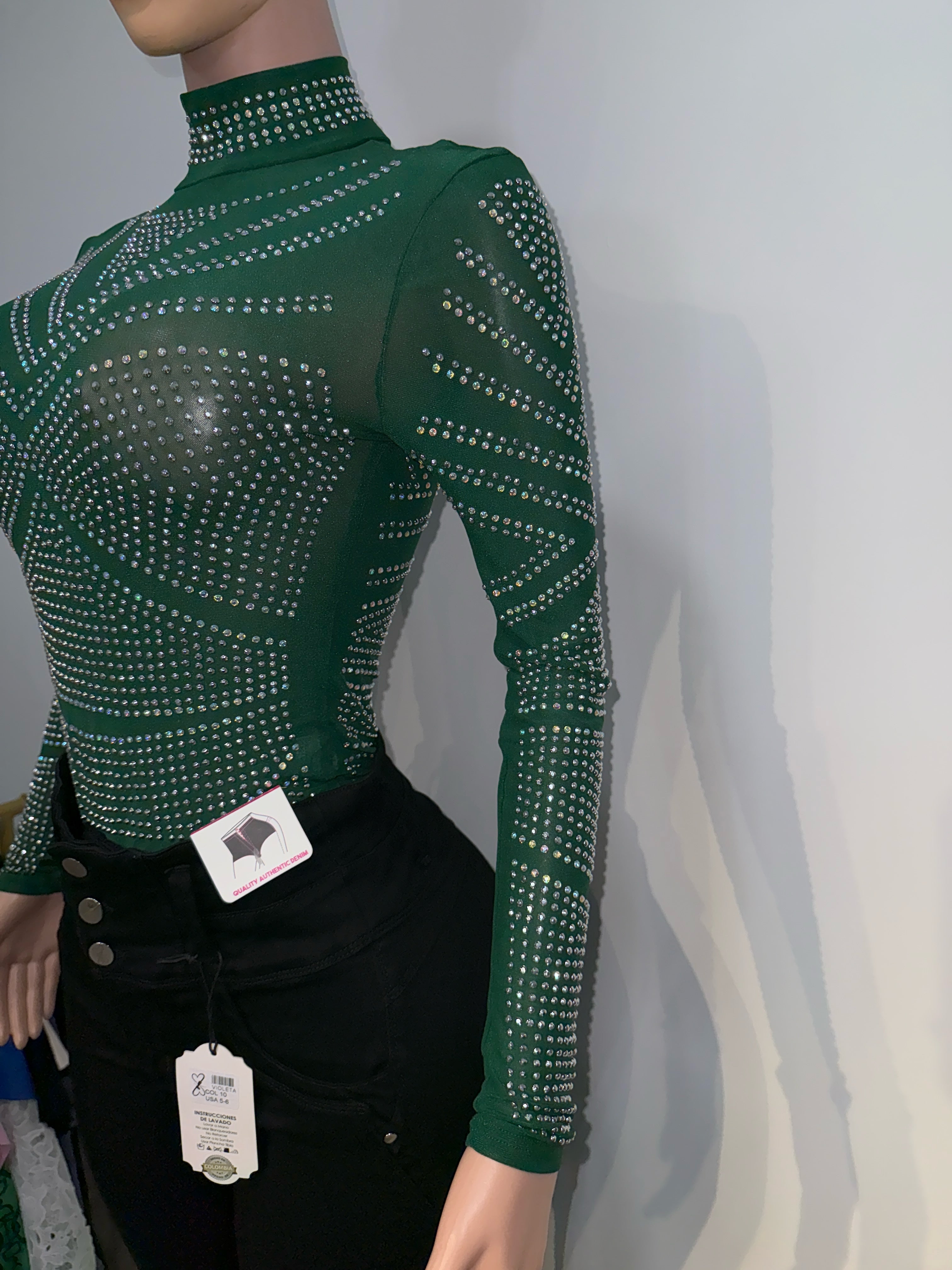 #011 Emerald Dazzle Rhinestone Bodysuit