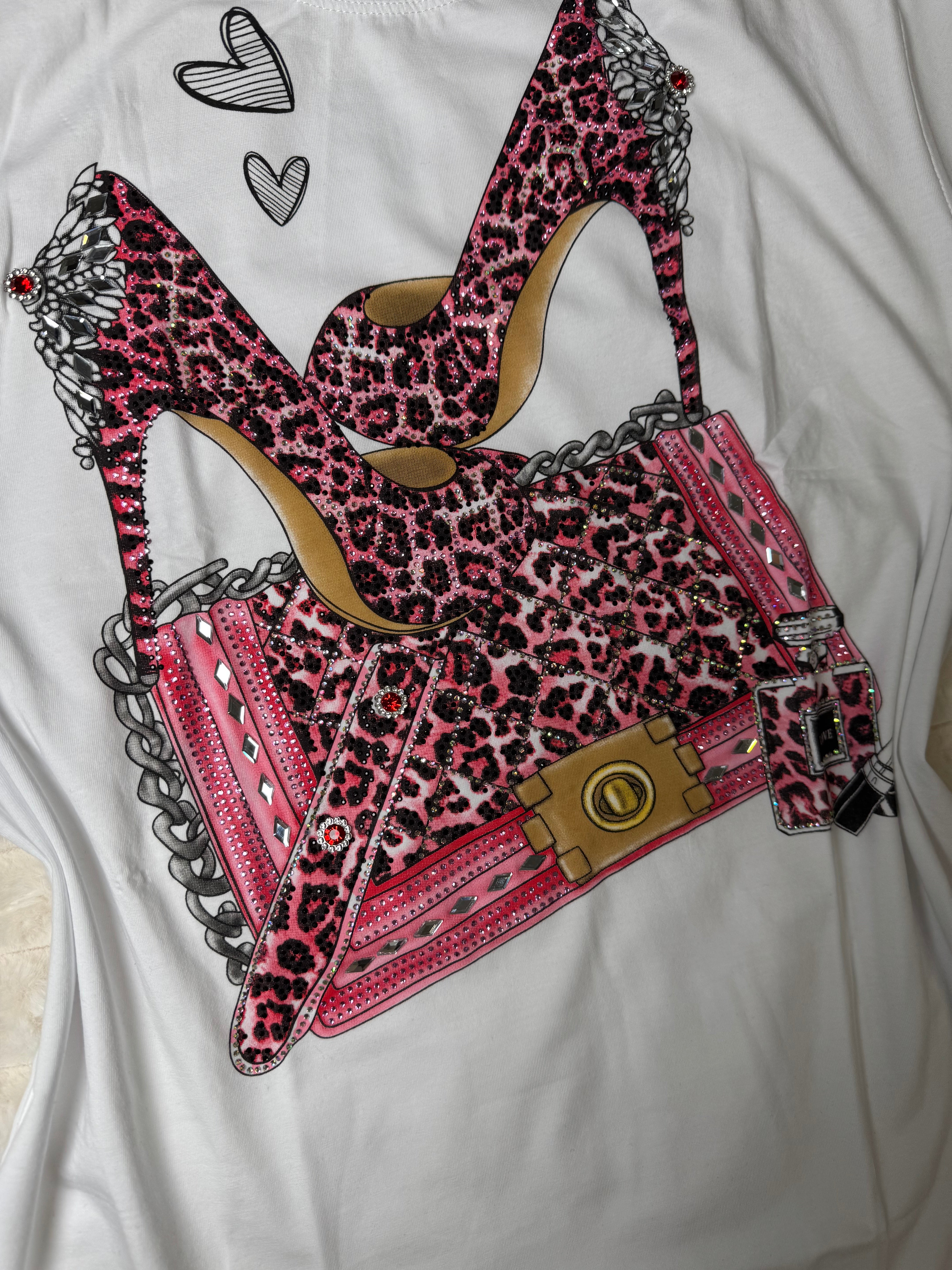 K0035 Fierce & Fabulous Leopard Heels Graphic Tee with Rhinestones
