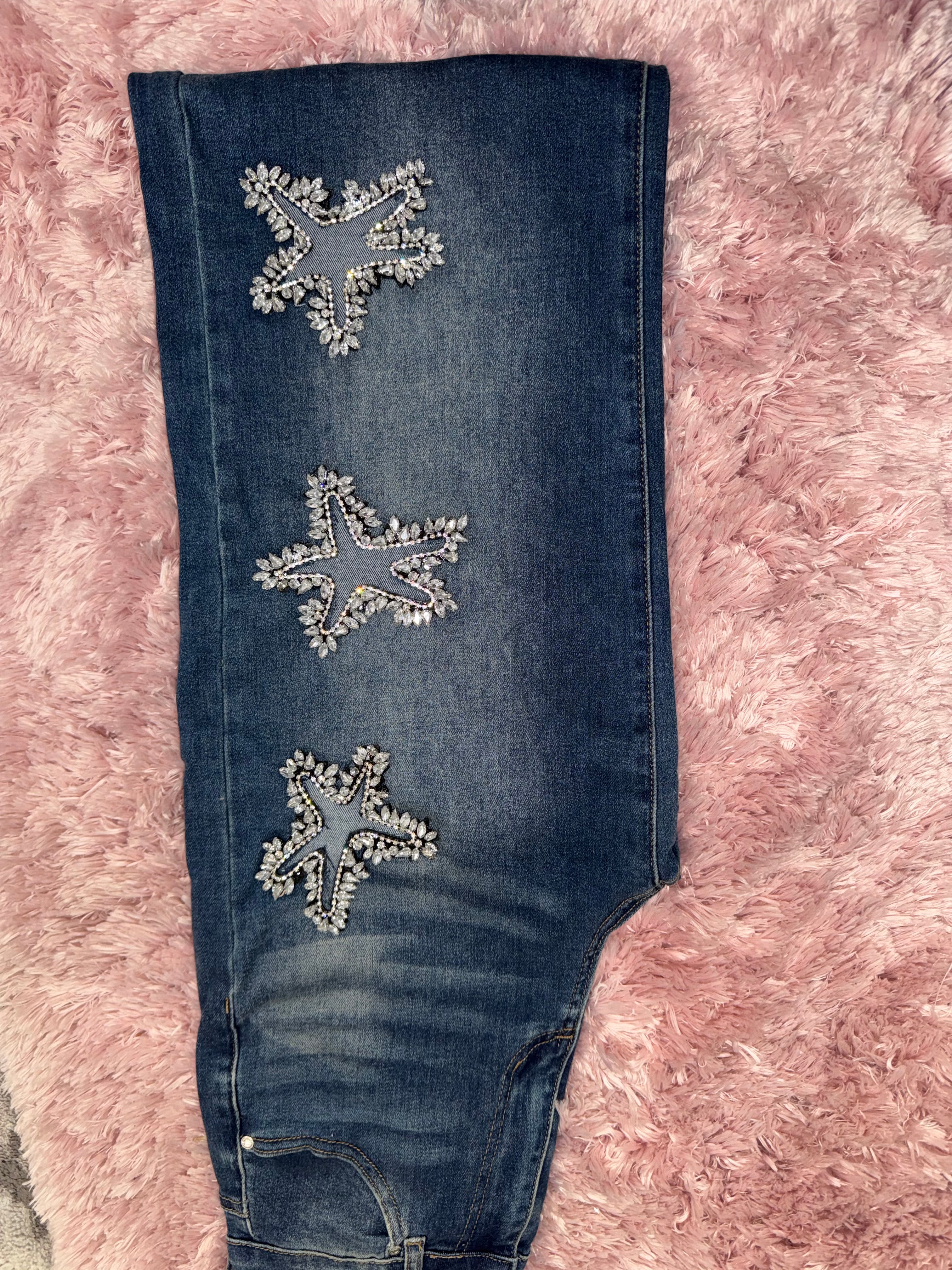 SO714 Women’s High Waisted Denim Jeans with Open Star design and Rhinestones - bottom, Woman’s wear