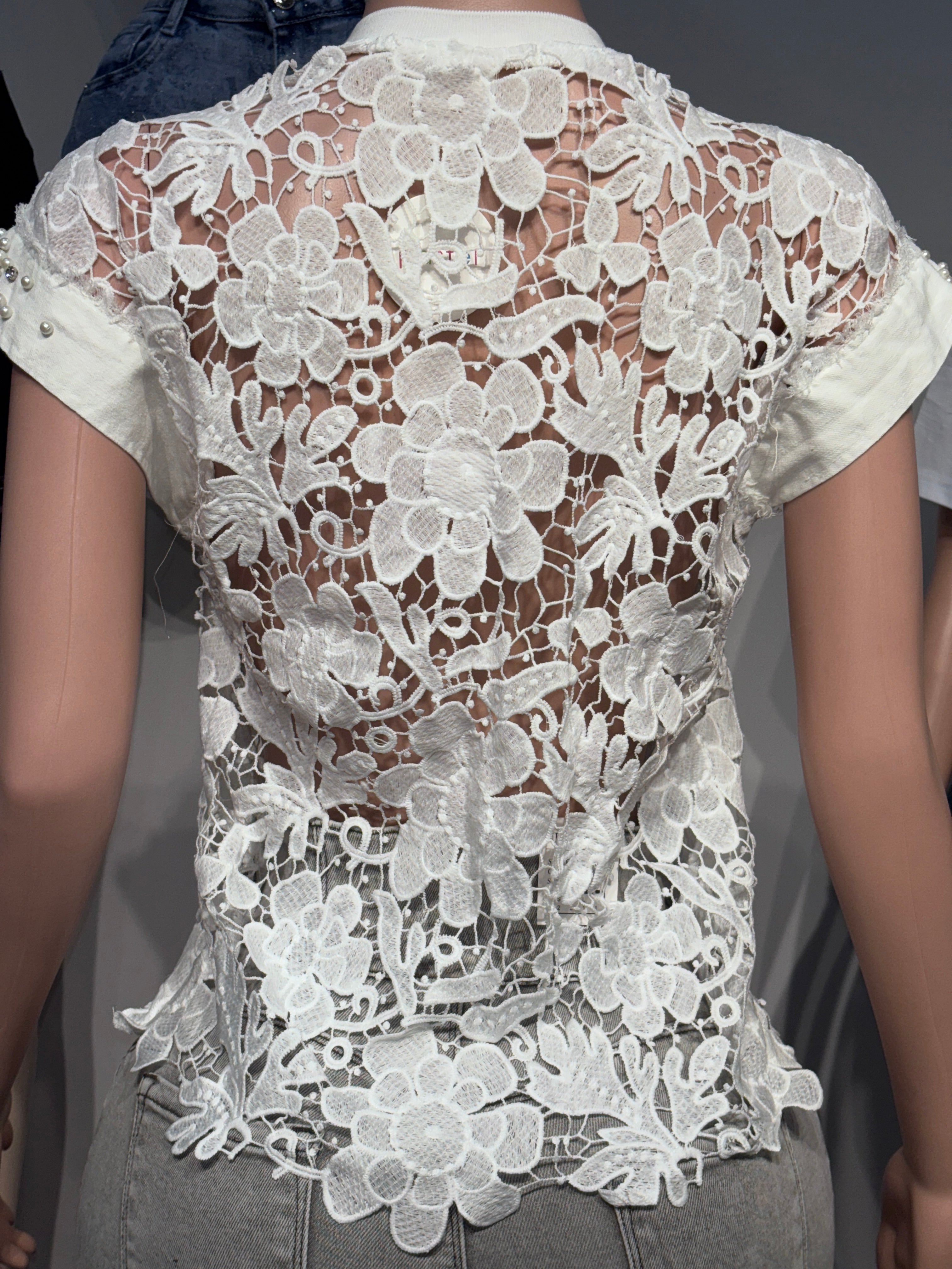 32233 Denim Bloom Lace Mesh Top with Pearls