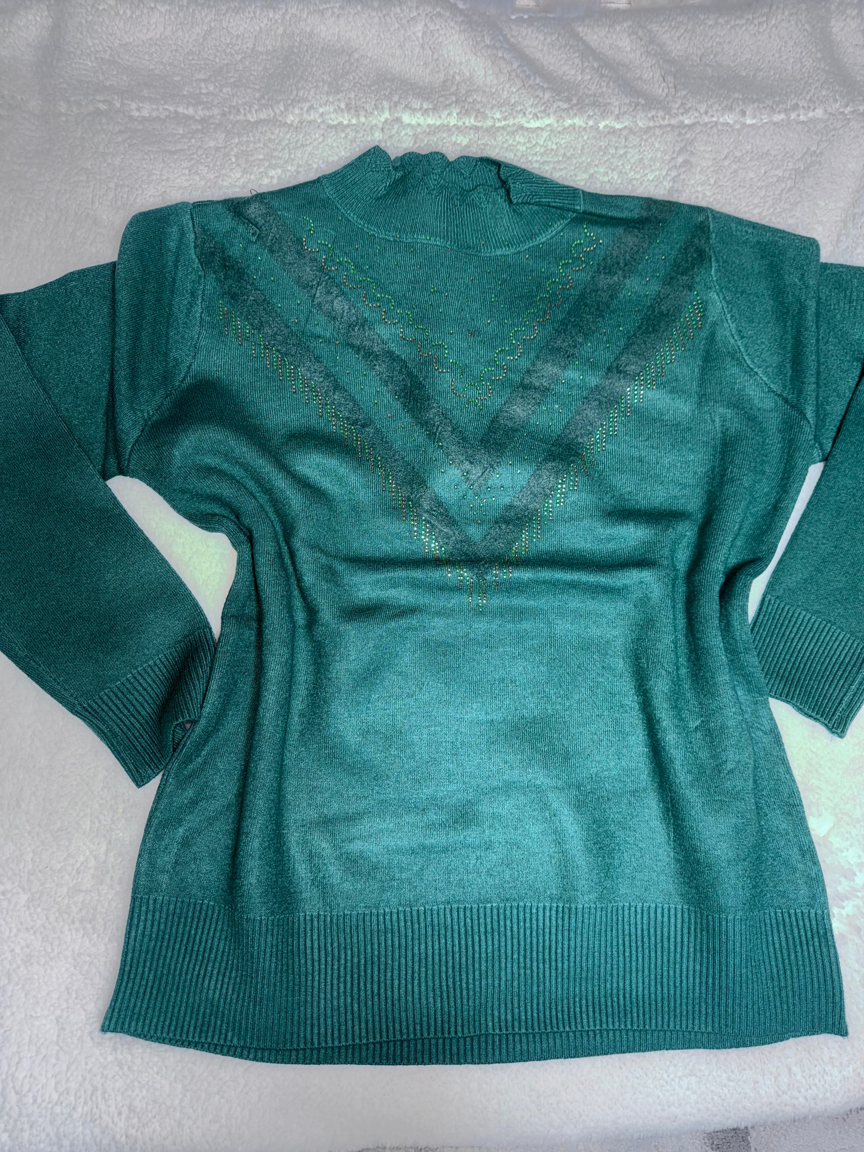 Women’s Sweater Pullover with Rhinestones V Design