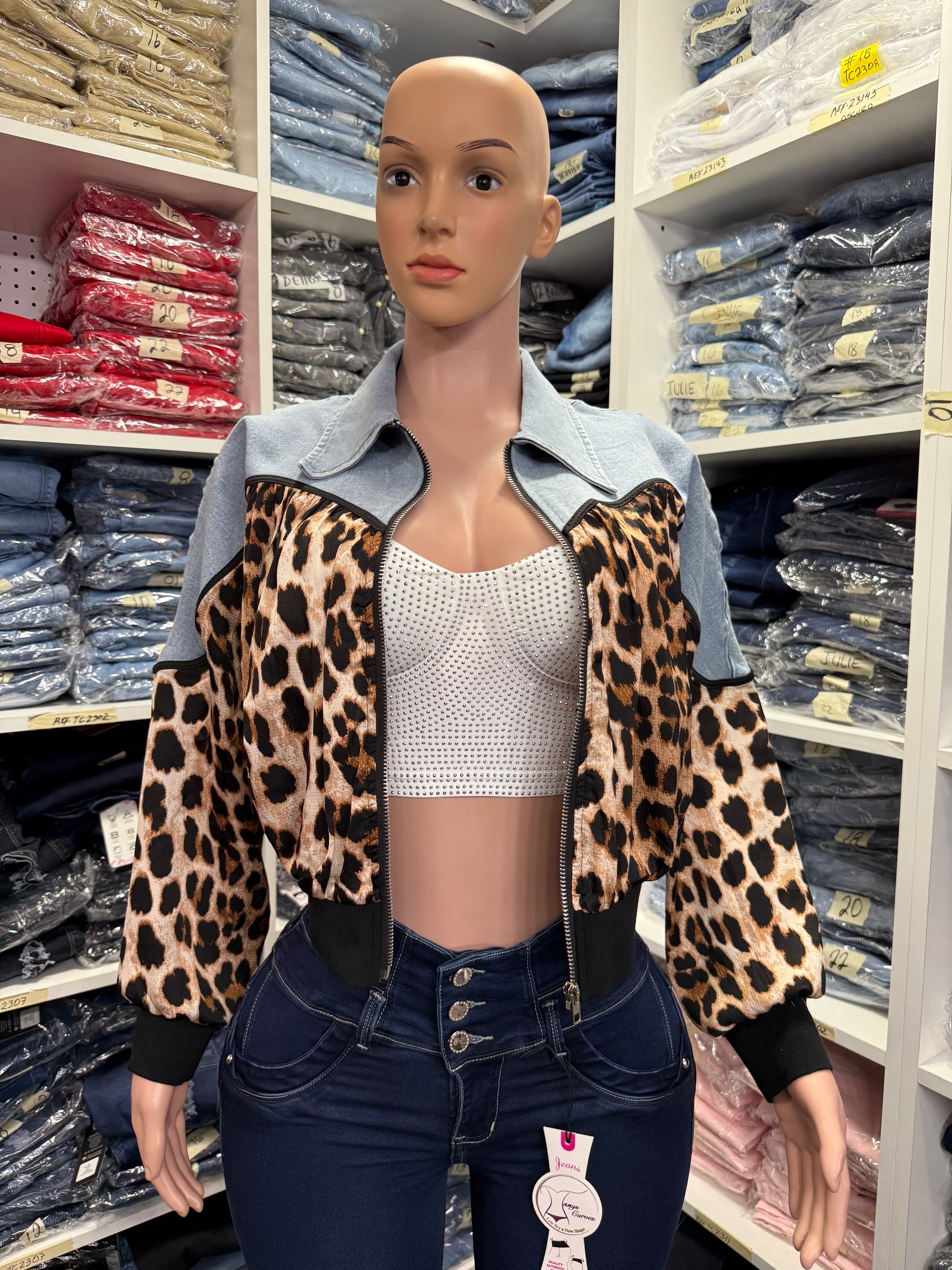 Women’s Zip upJacket half denim & half leopard print
