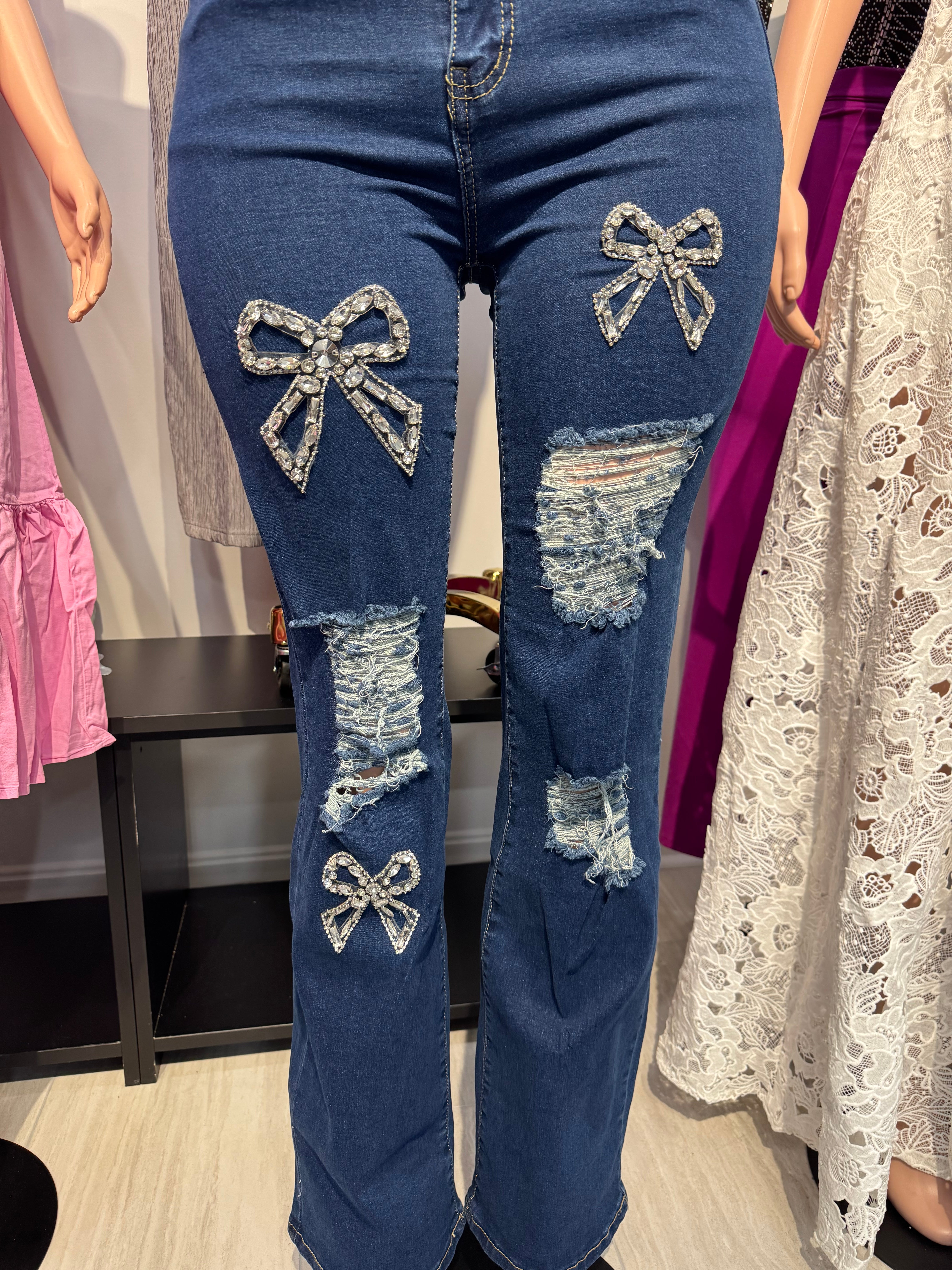 Glam Bow Distressed Straight-Leg Jeans