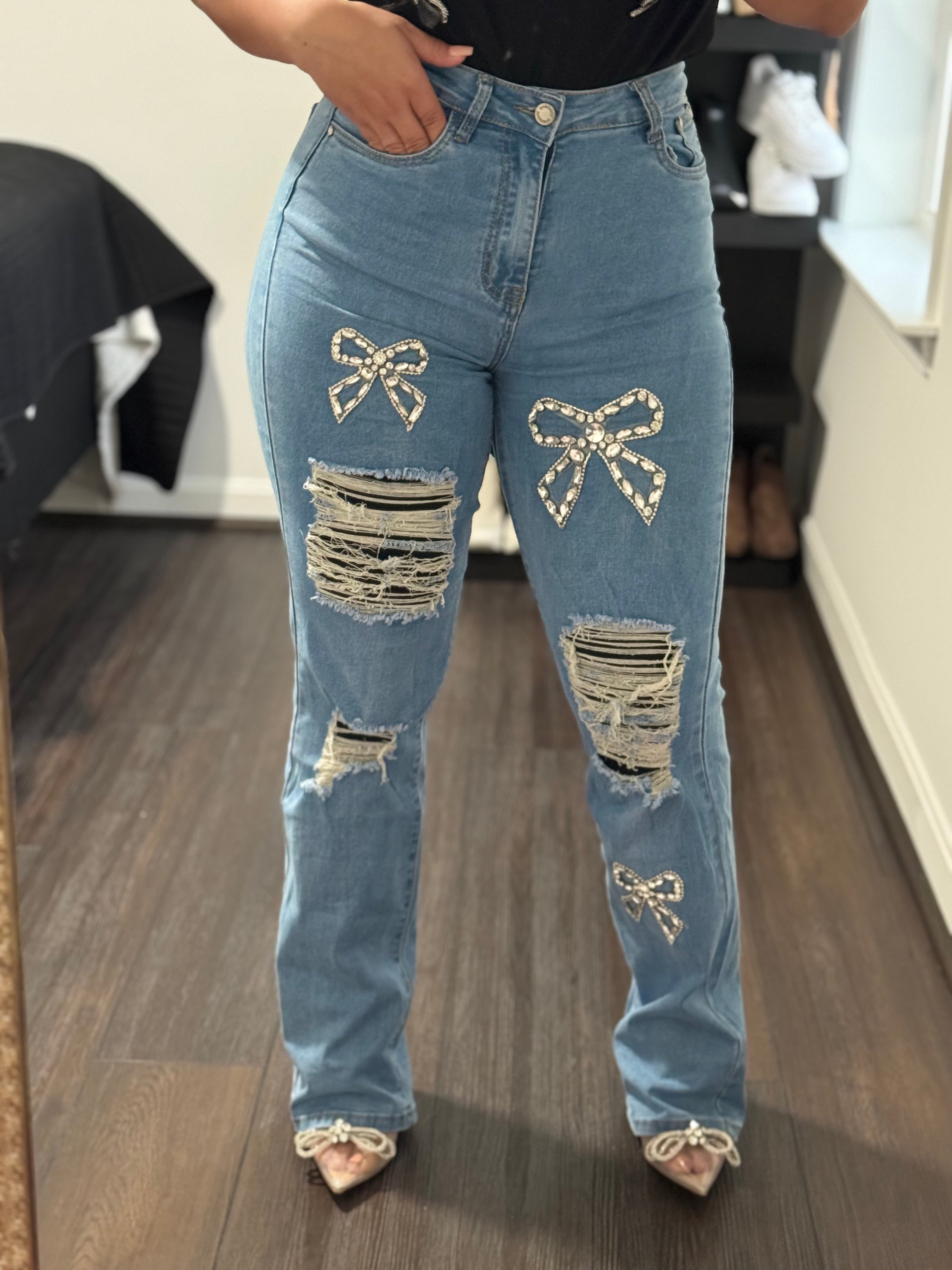 Glam Bow Distressed Straight-Leg Jeans