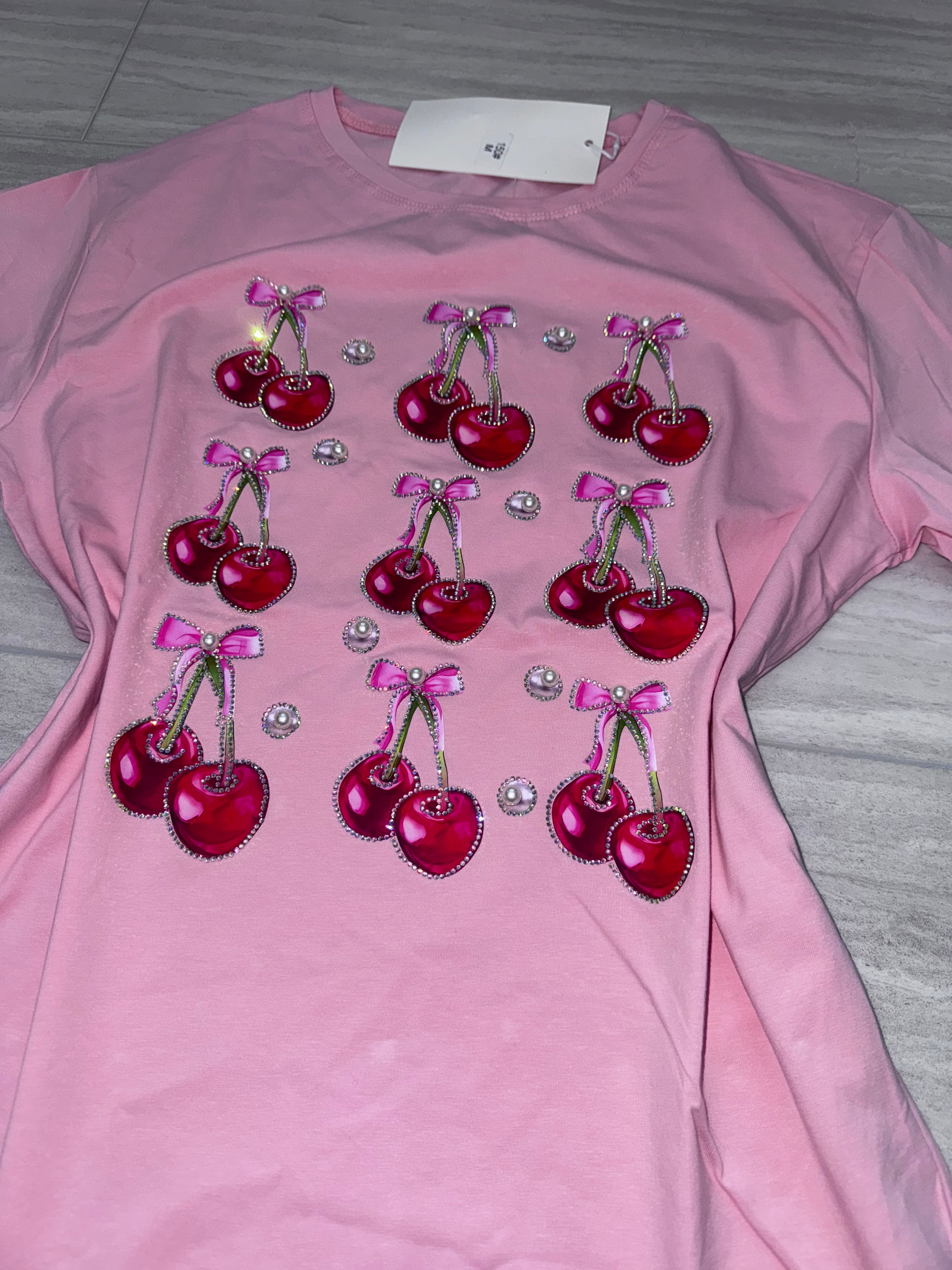 #150 Cherry Bling Bow Tee with Rhinestones