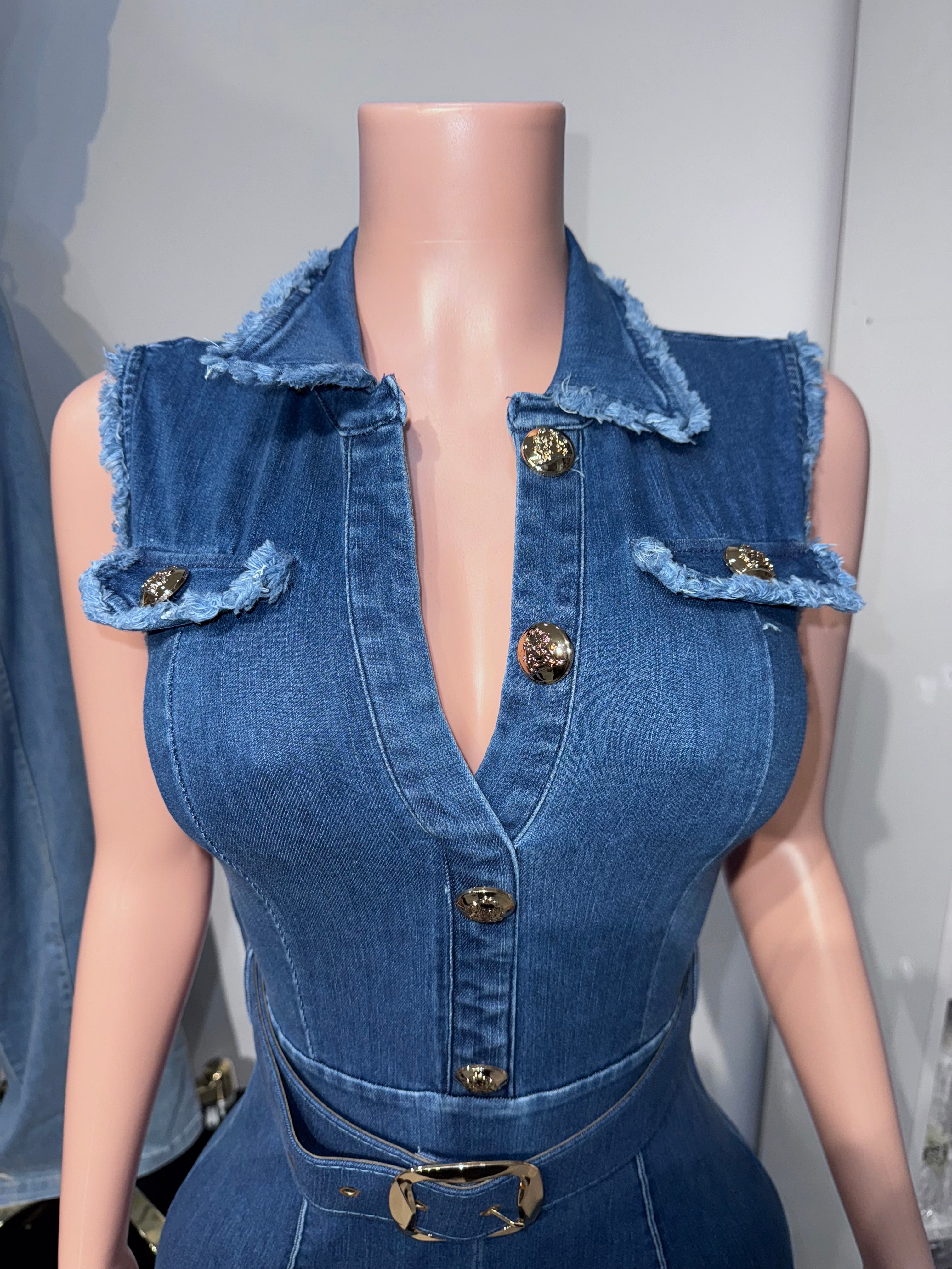 JPE23137 Jumpsuit with denim Belt & Gold colored button