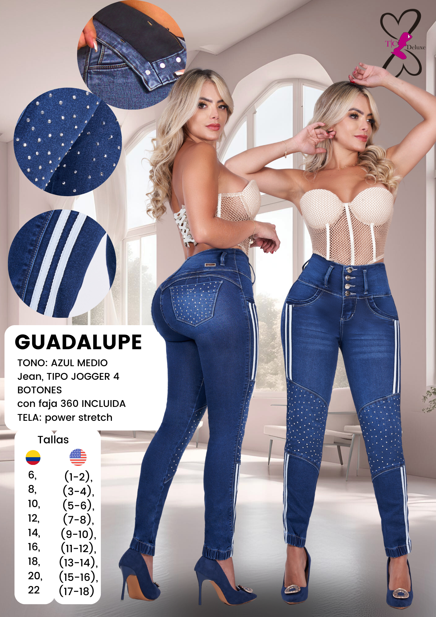 Guadalupe Jean colombiano with internal girdle style 360 3 button design rhinestone
