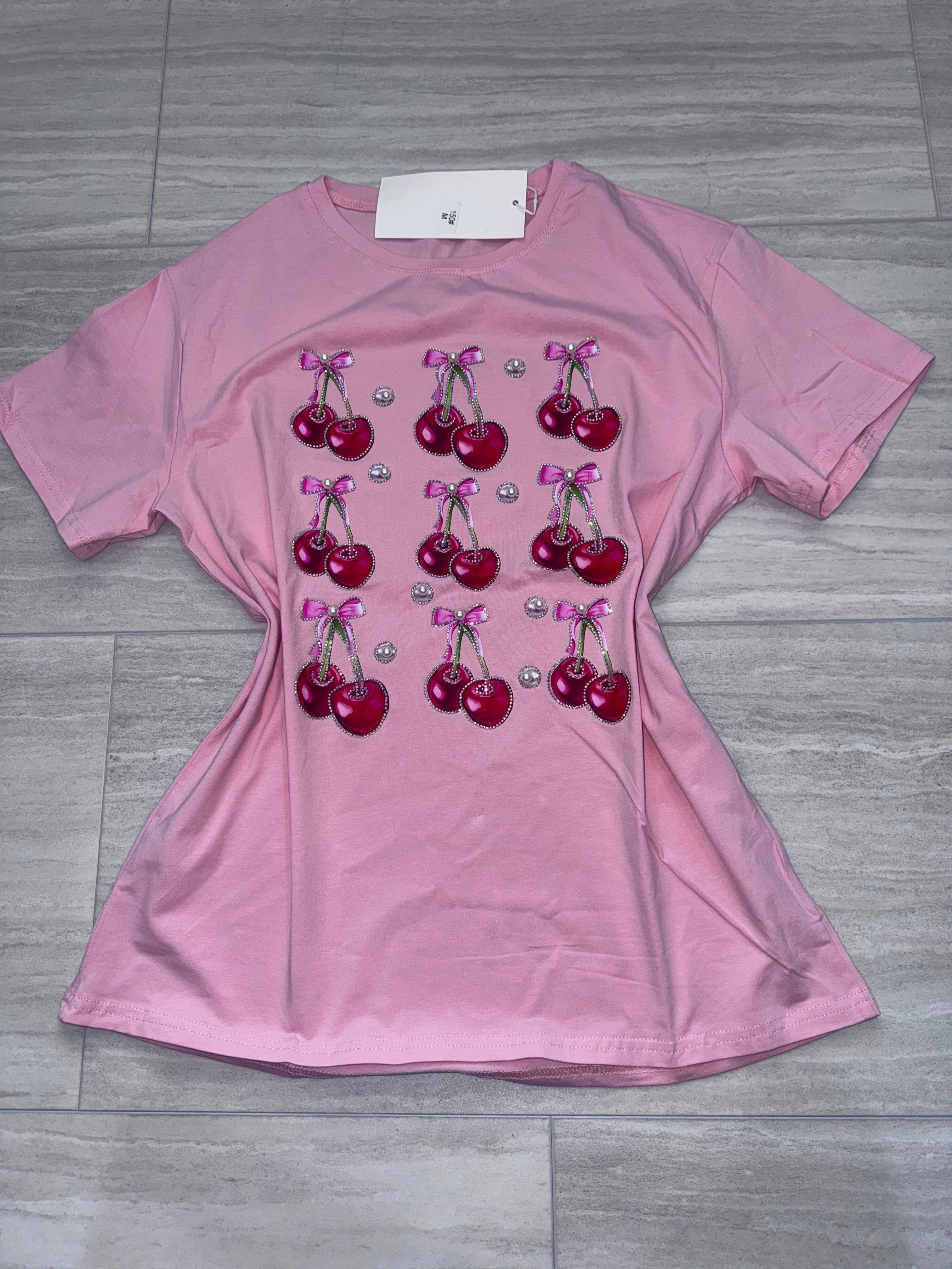 #150 Cherry Bling Bow Tee with Rhinestones