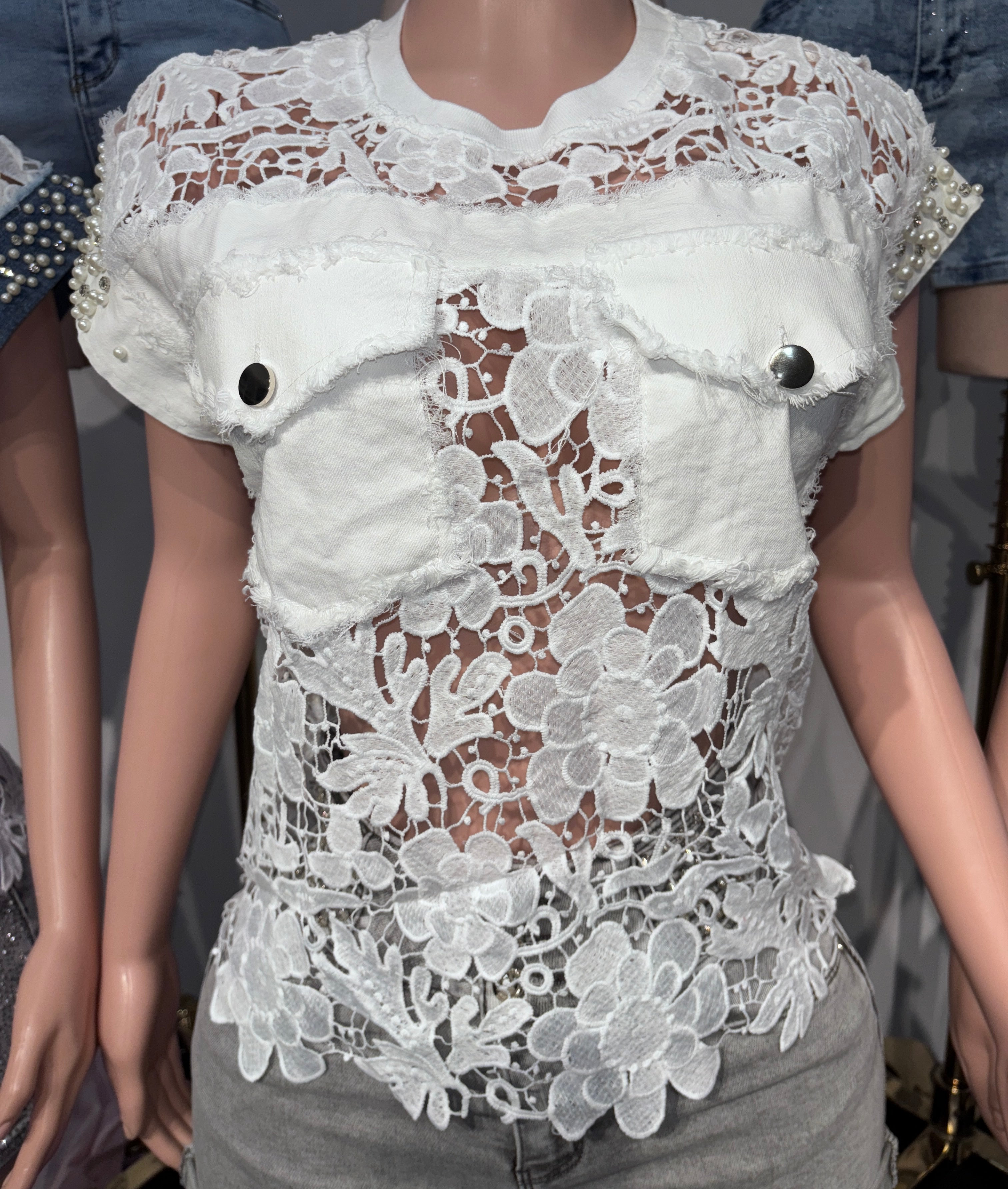 32233 Denim Bloom Lace Mesh Top with Pearls