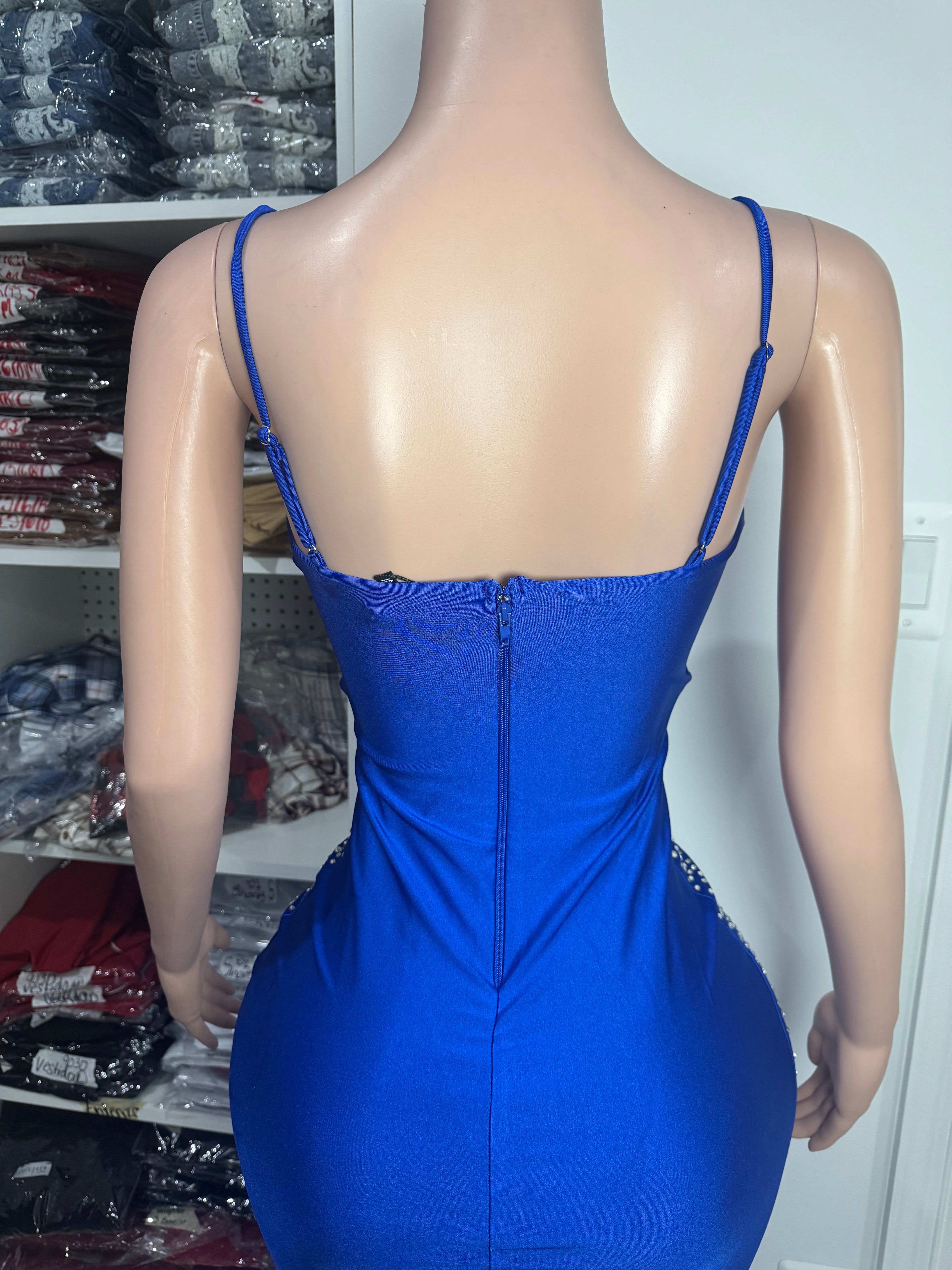 SD-1982 Sapphire Glow Bodycon Dress with Rhinestones