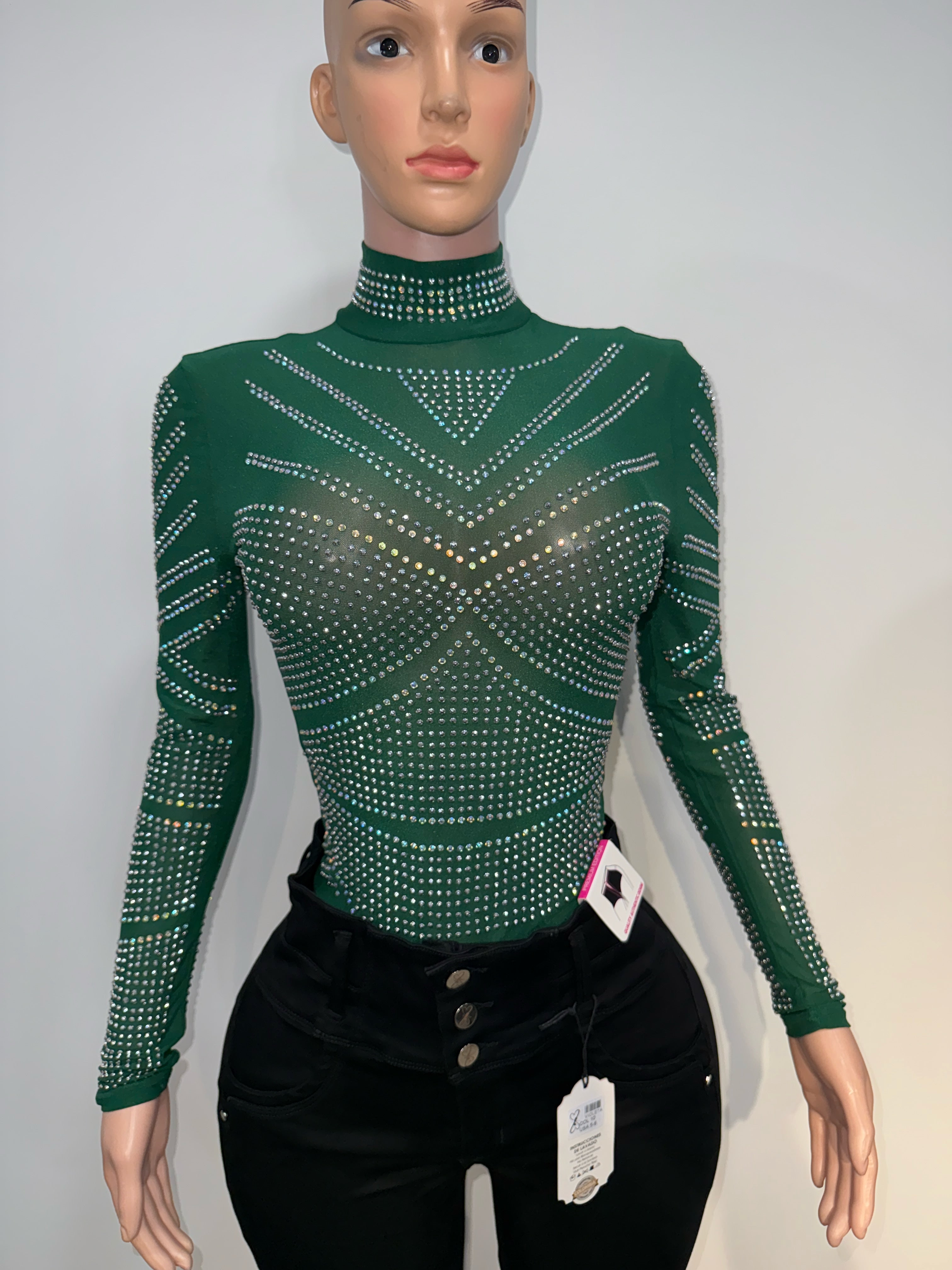 #011 Emerald Dazzle Rhinestone Bodysuit