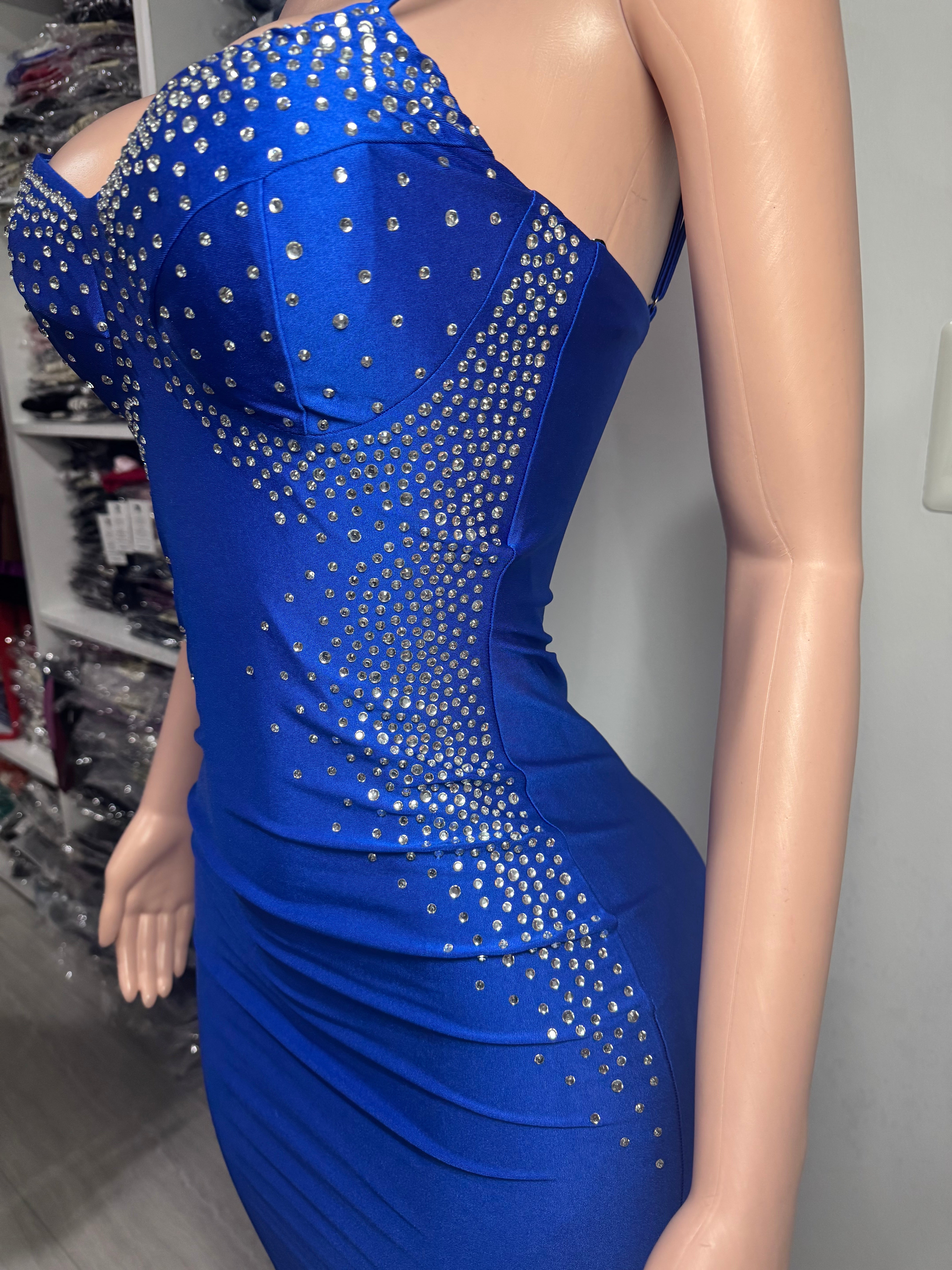 SD-1982 Sapphire Glow Bodycon Dress with Rhinestones