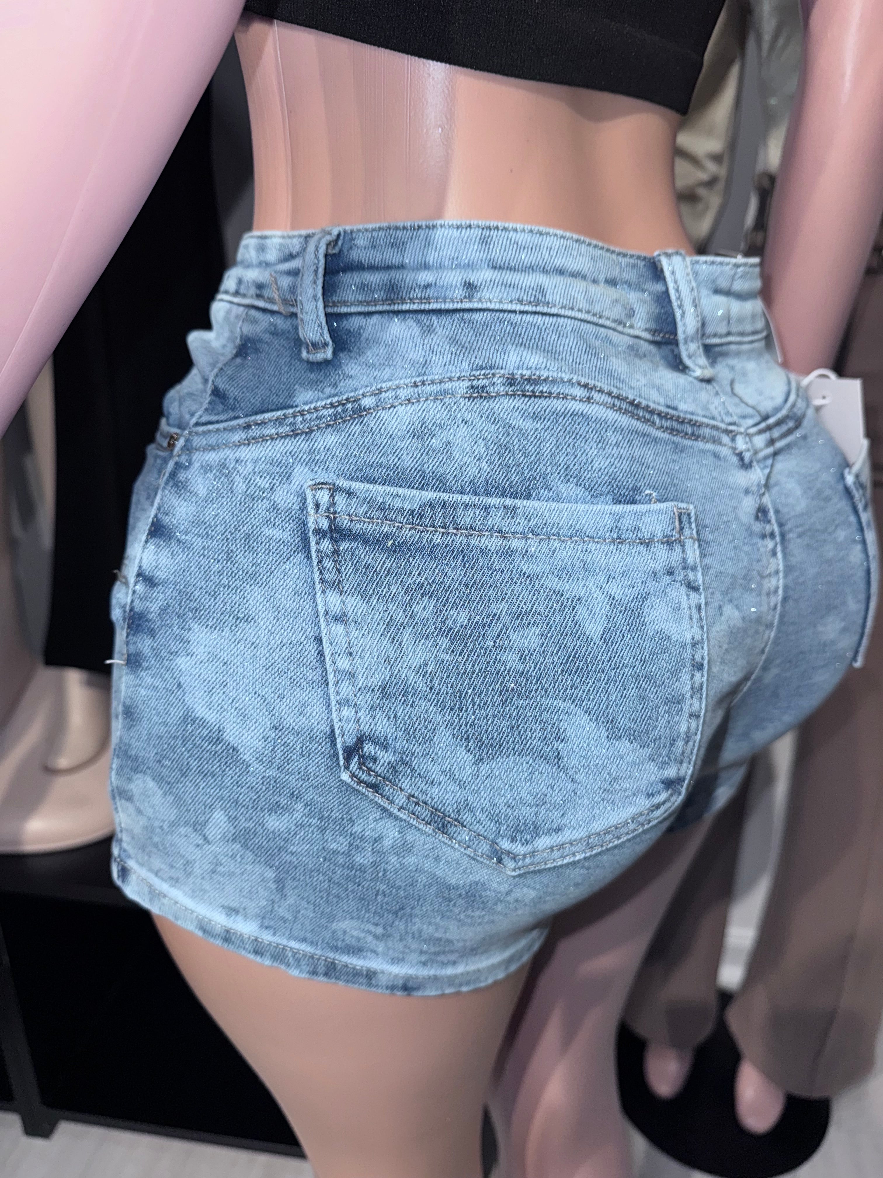 NR3126 Ice Wash High-Rise Denim Shorts