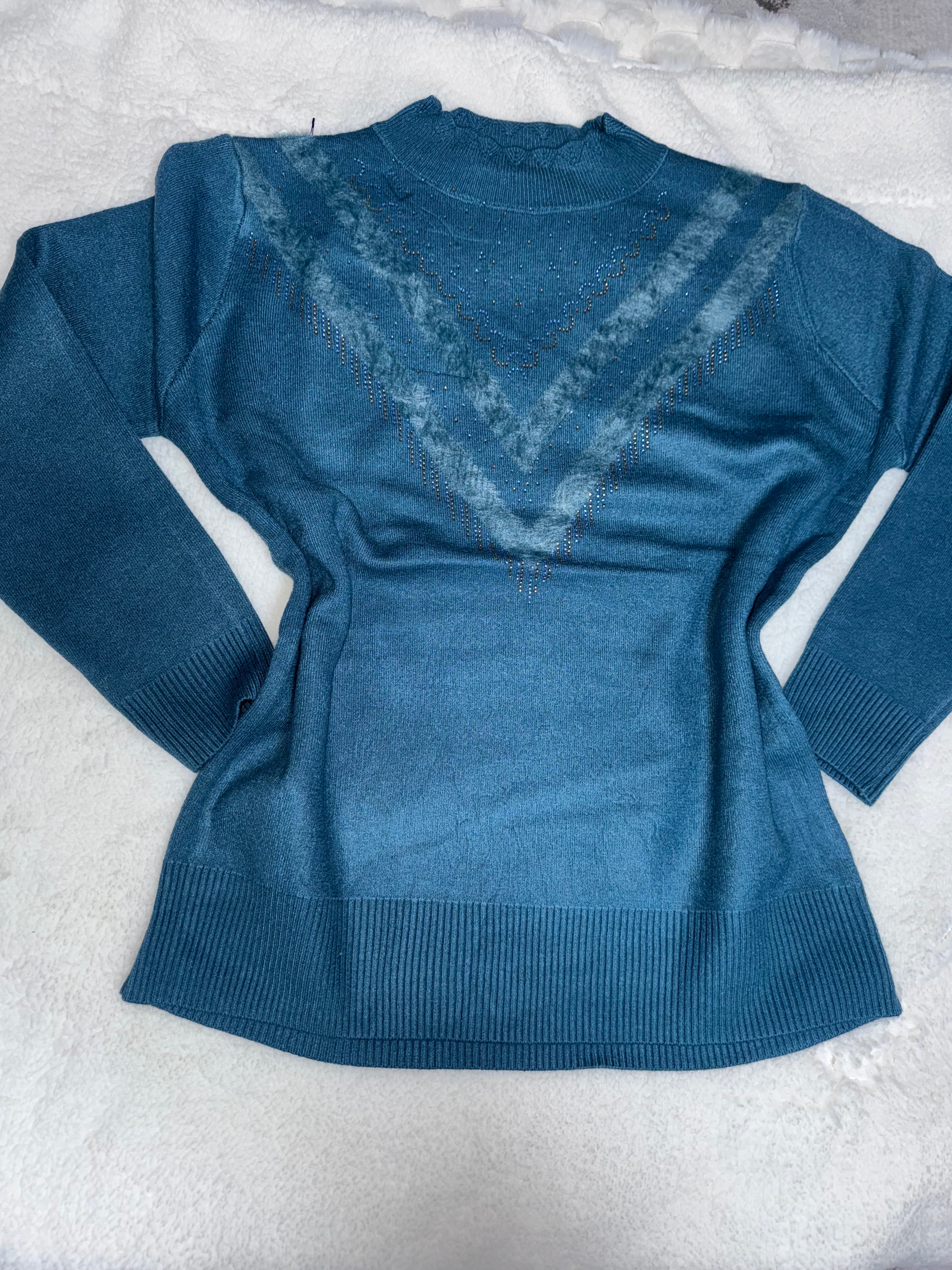 Women’s Sweater Pullover with Rhinestones V Design