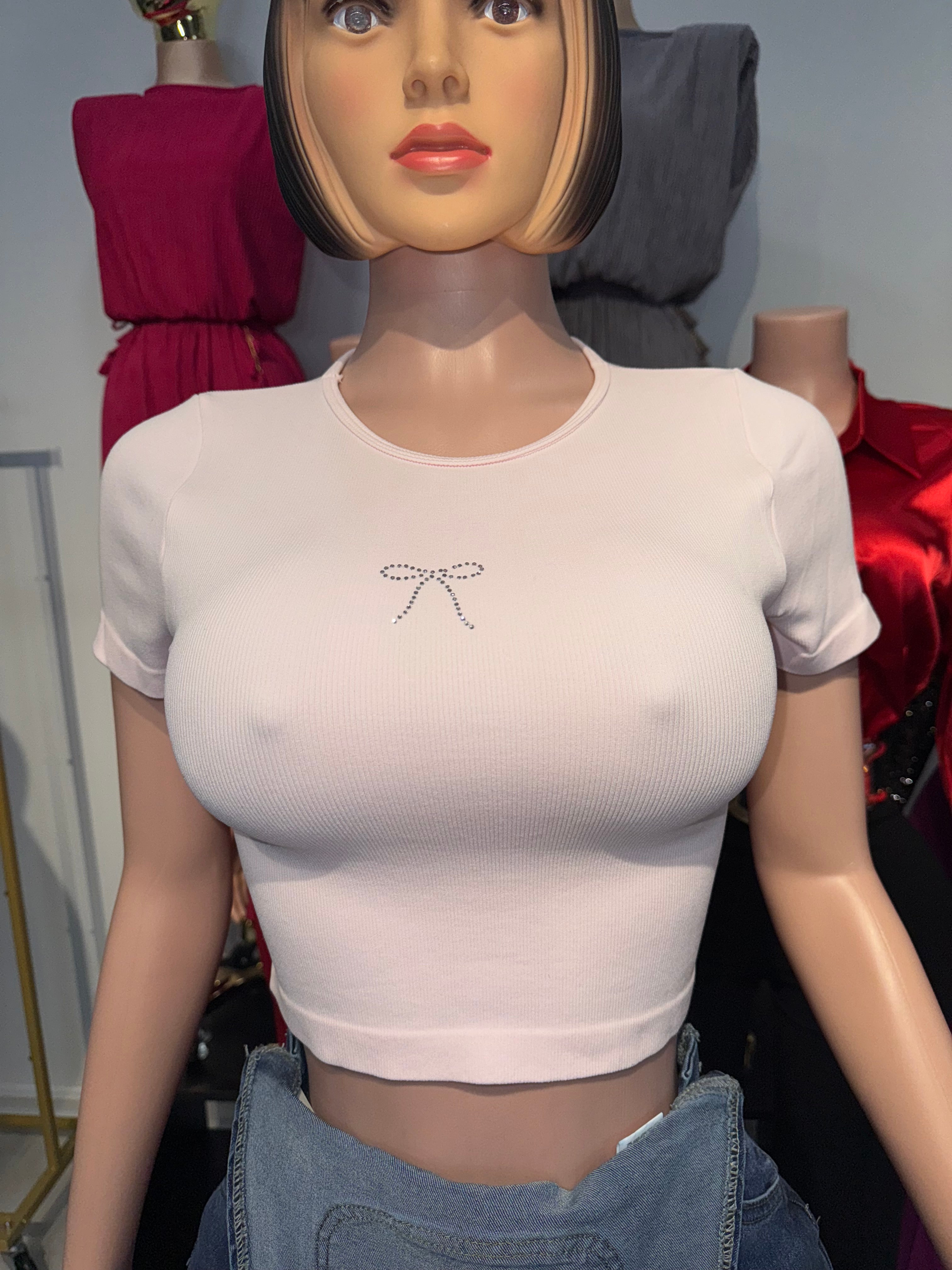 Stone-5 Basic Top with Rhinestones with Mono Coquette design